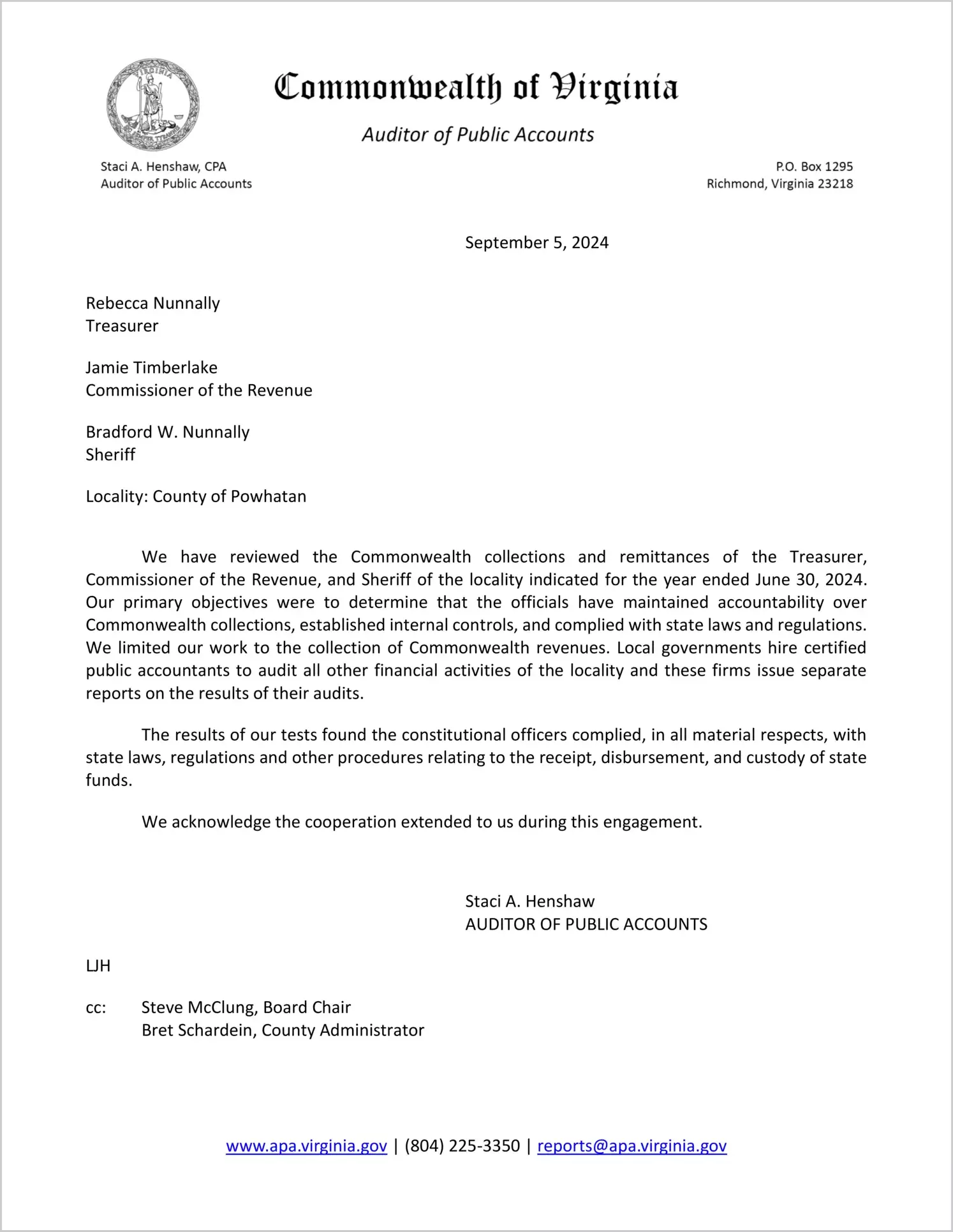 Commonwealth Collections and Remittances for the Treasurer, Commissioner of the Revenue, and Sheriff for the County of Powhatan for the year ended June 30, 2024