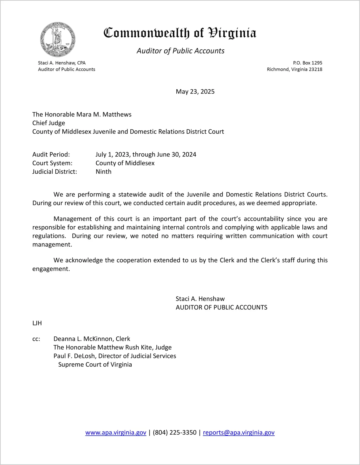Juvenile and Domestic Relations District Court for the County of Middlesex for the period July 1, 2023 through June 30, 2024