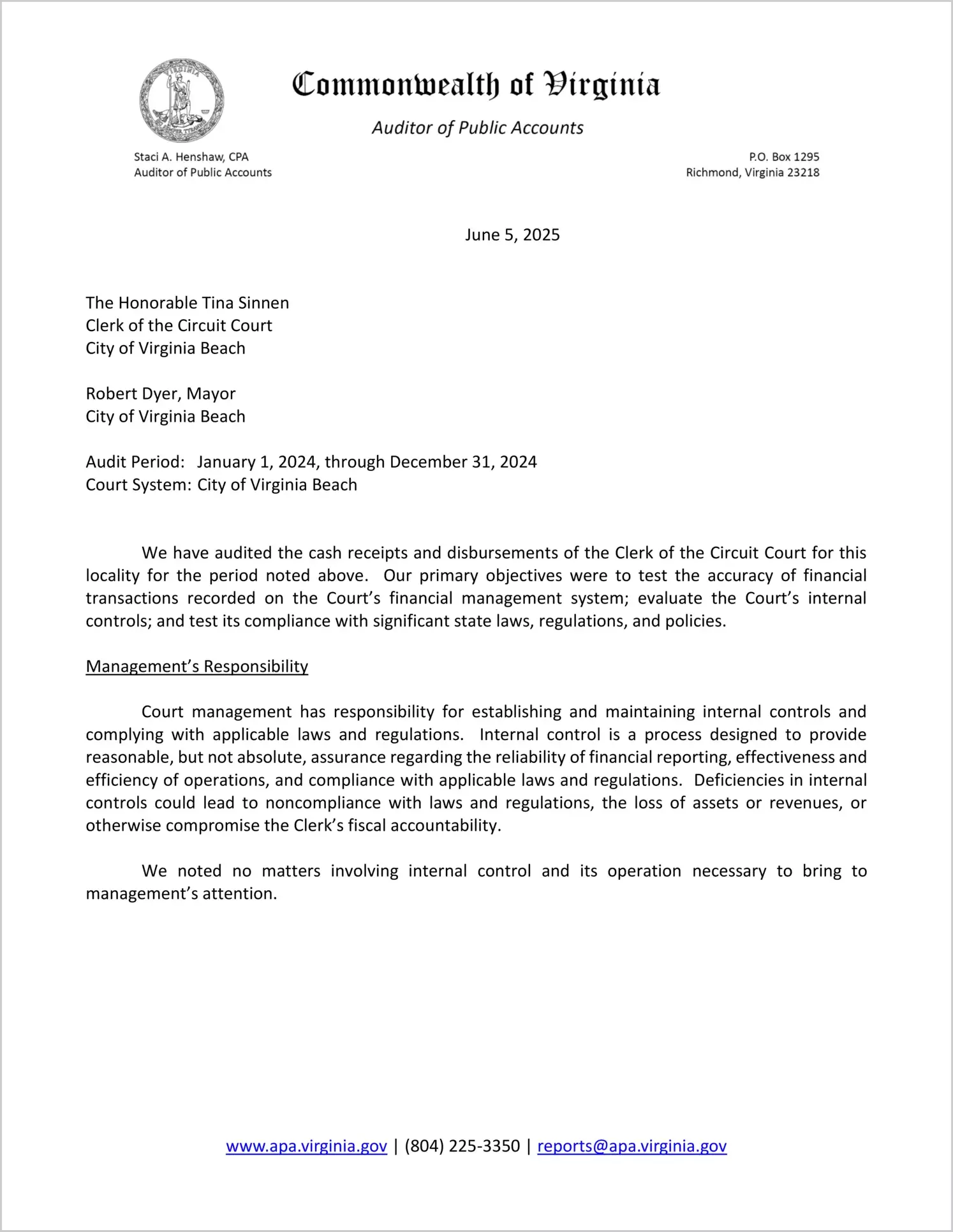 Clerk of the Circuit Court for the City of Virginia Beach for the period January 1, 2024 through December 31, 2024