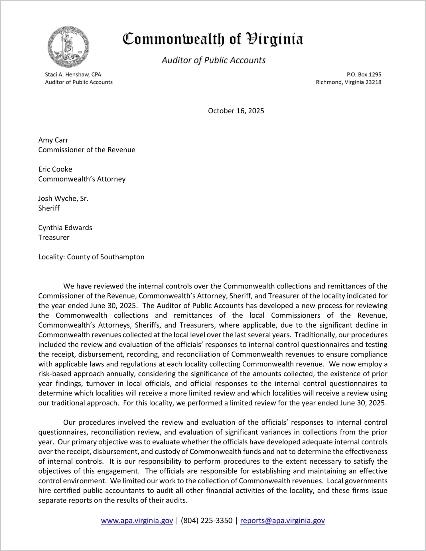 Commonwealth Collections and Remittances of the Commissioner of the Revenue, Commonwealth's Attorney, Sheriff, and Treasurer for the County of Southampton for the year ended June 30, 2025