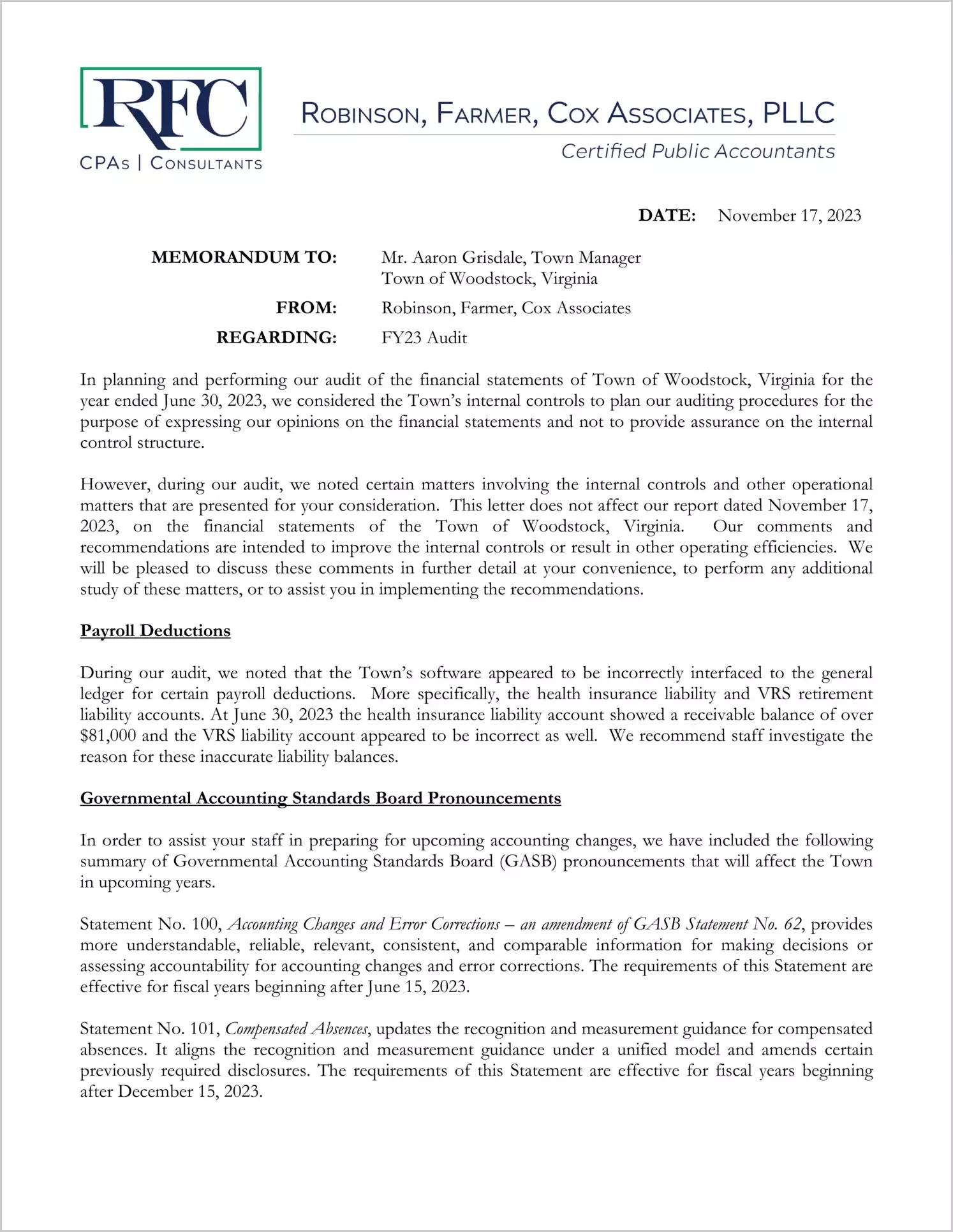 preview of 2023 Management Letter for Town of Woodstock