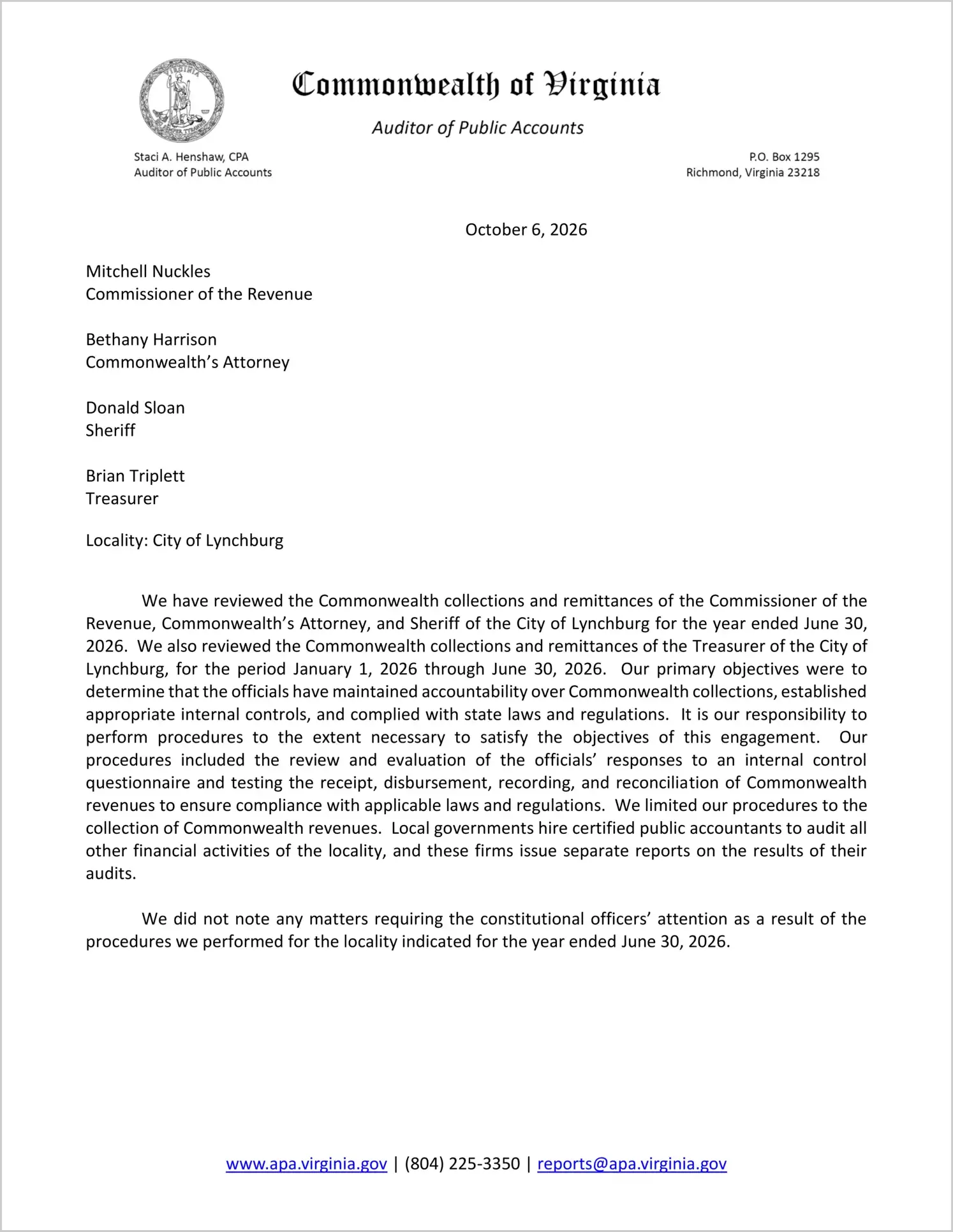 preview of Commonwealth Collections and Remittances of the Commissioner of the Revenue, Commonwealth's Attorney, and Sheriff for the City of Lynchburg for the year ended June 30, 2026 and the Treasurer for the period January 1, 2026 through June 30, 2026