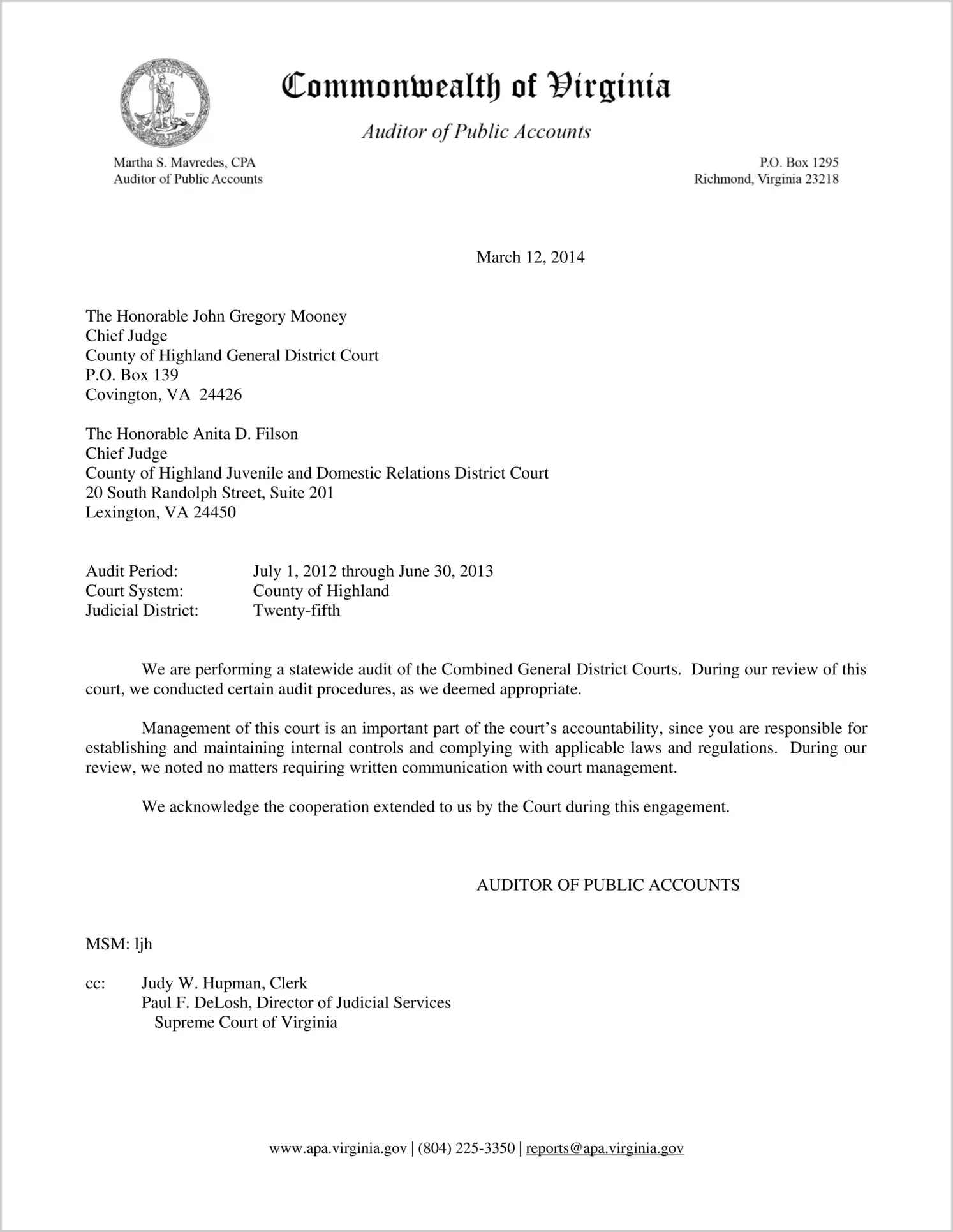 Clerk of the Combined General District Court for the County of Highland Report on Audit for the period July 1, 2012 through June 30, 2013
