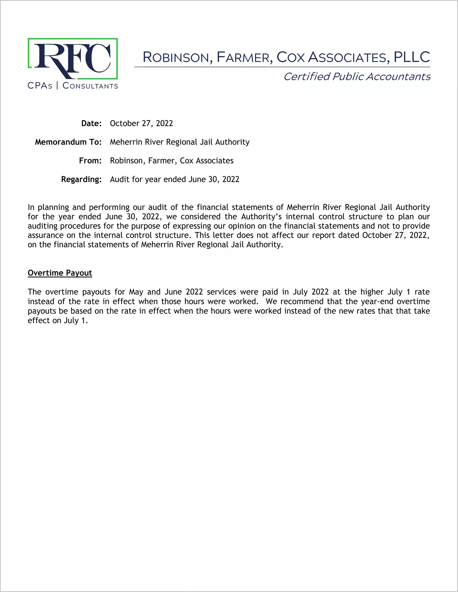 preview of 2022 ABC/Other Management Letter for Meherrin River Regional Jail Authority