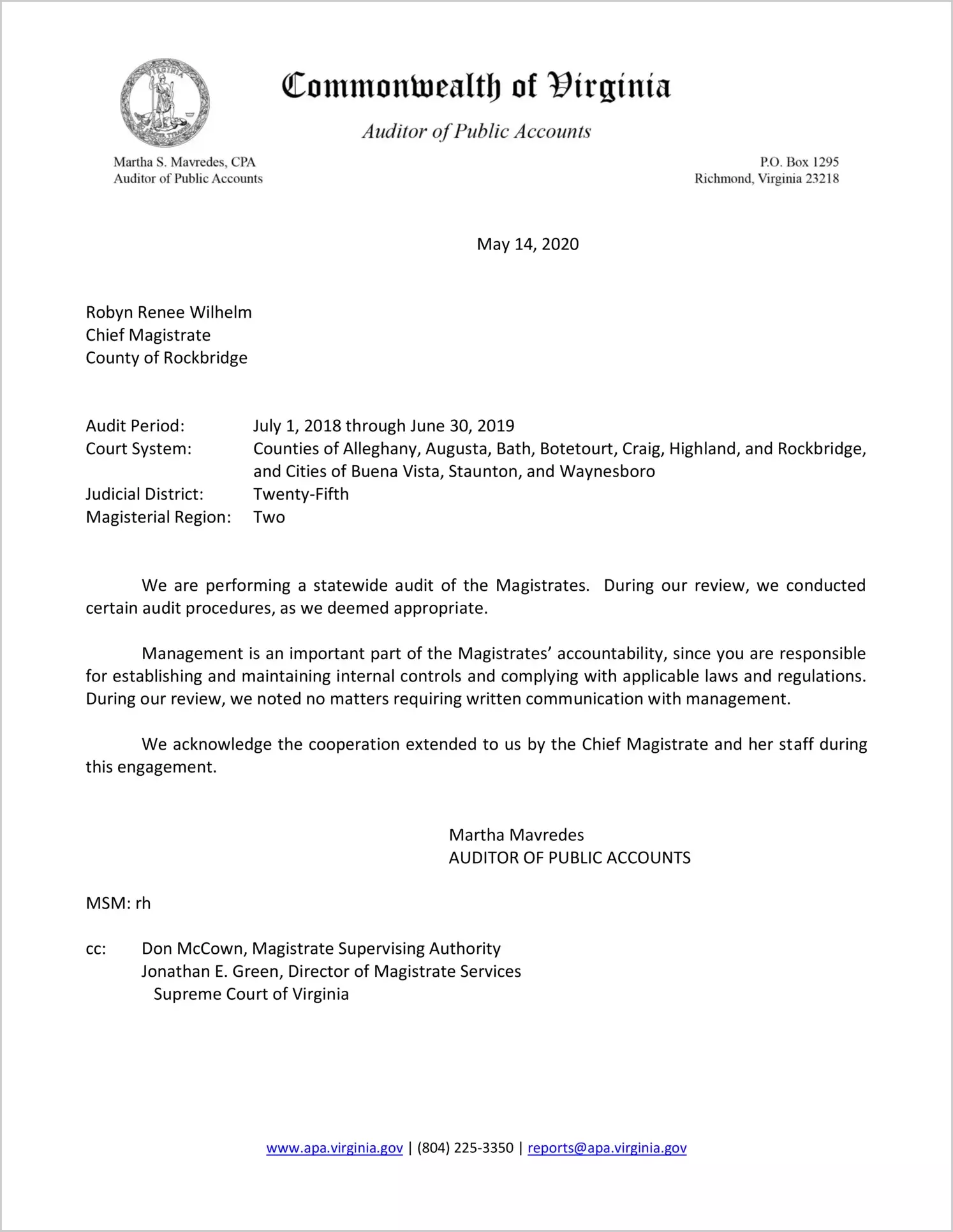 Magistrate of the Judicial District 25 for the period July 1, 2018 through June 30, 2019