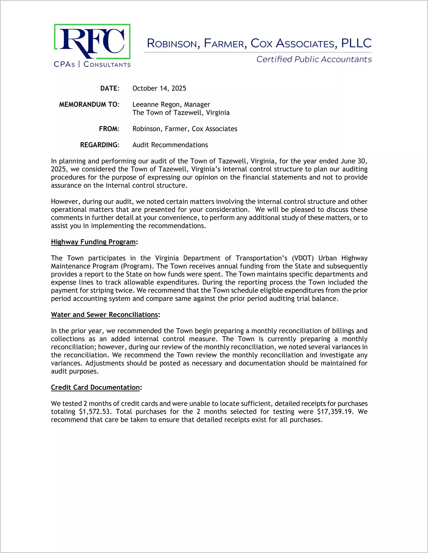 preview of 2025 Management Letter for Town of Tazewell