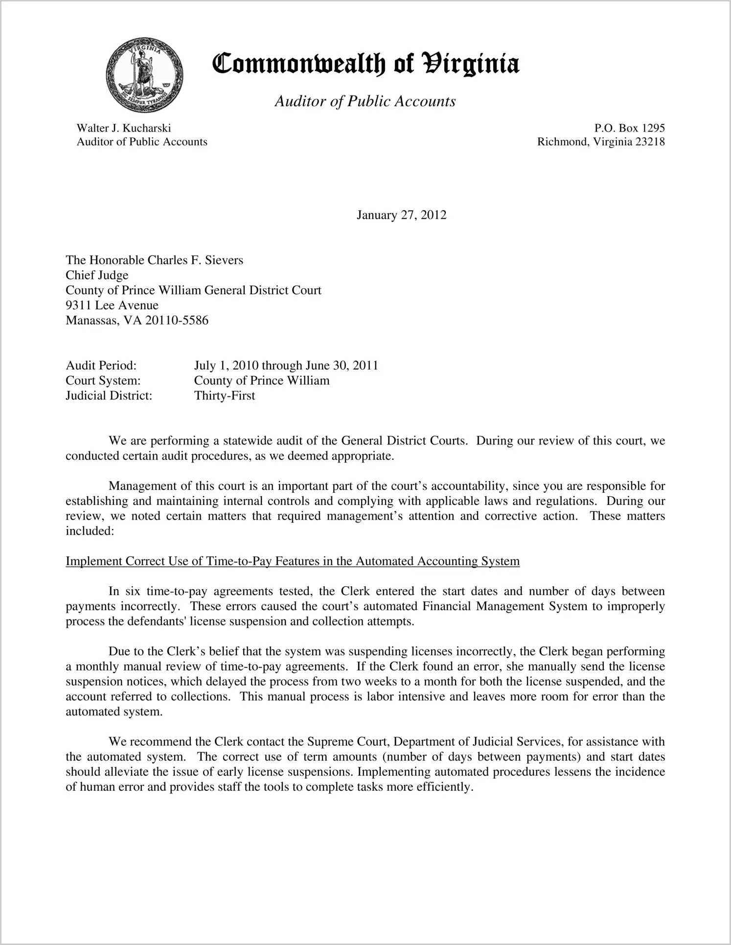 Clerk of the General District Court for the County of Prince William for the period July 1, 2010 through June 30, 2011