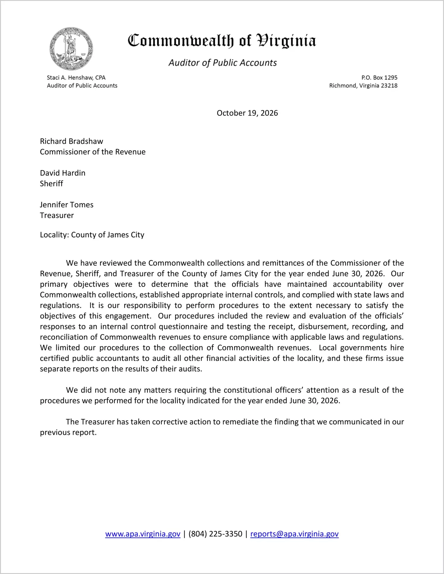 preview of Commonwealth Collections and Remittances of the Commissioner of the Revenue, Sheriff, and Treasurer for the County of James City for the year ended June 30, 2026