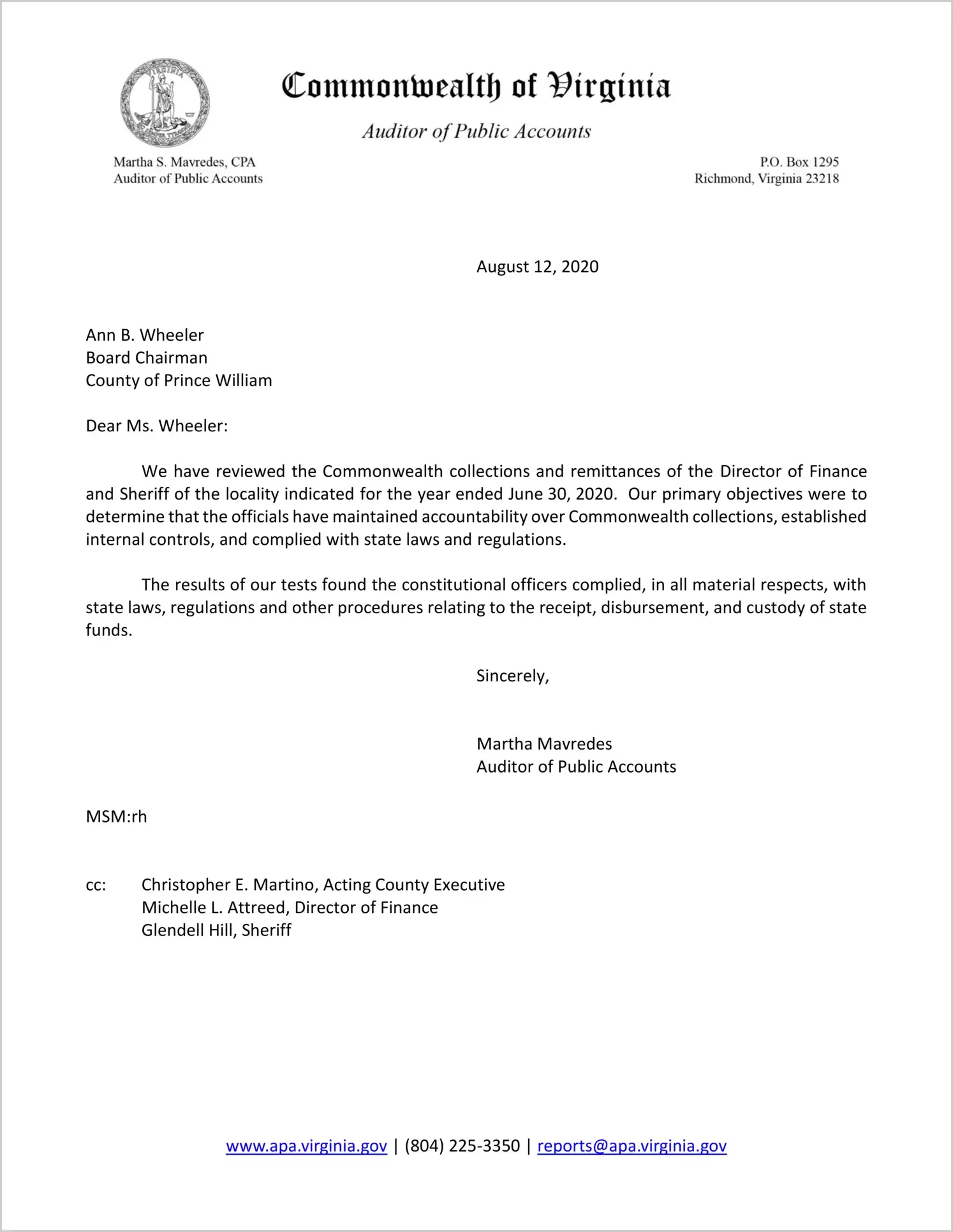 Commonwealth Collections and Remittances of the Director of Finance and Sheriff for the County of Prince William for the year ended June 30, 2020