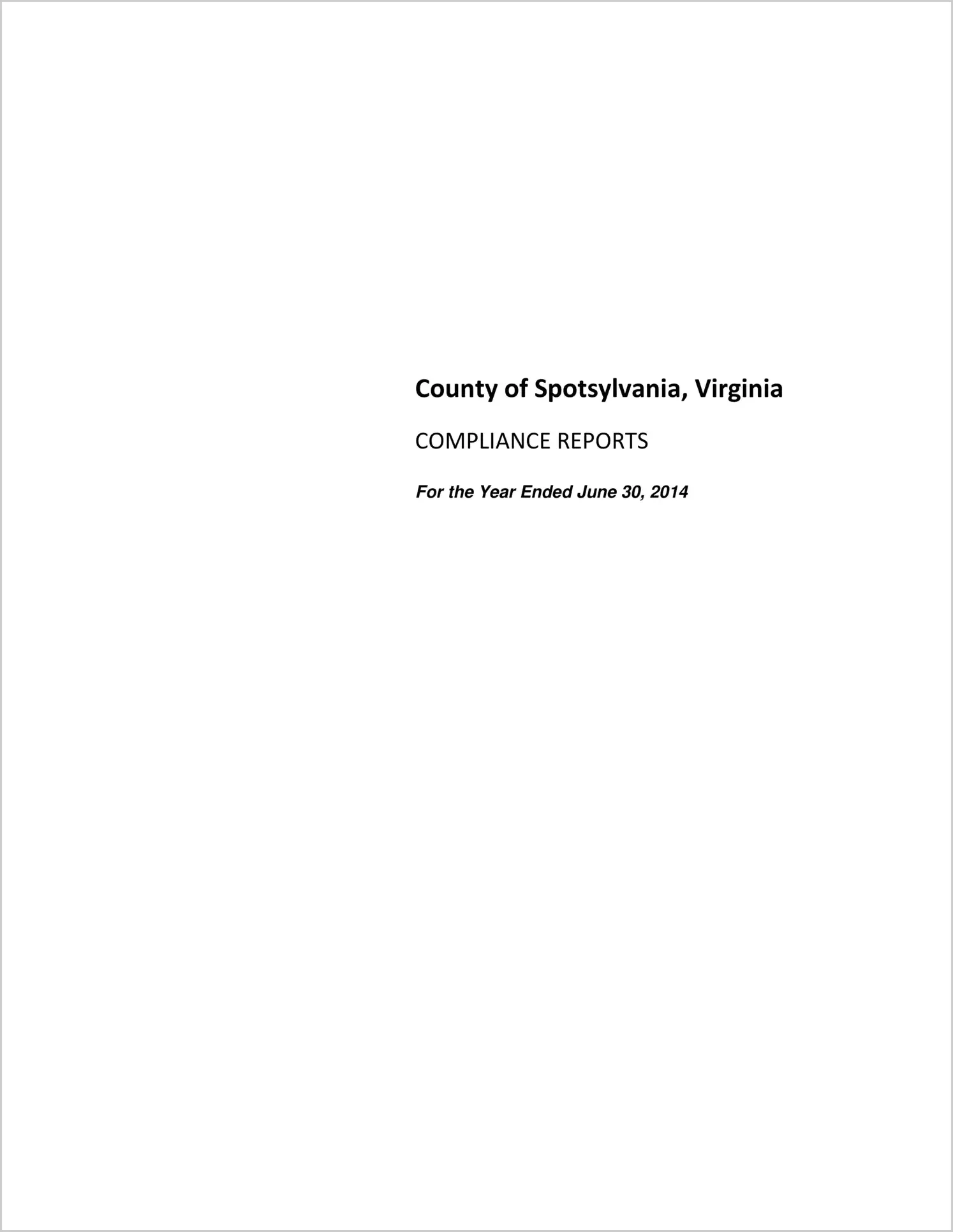 2014 Internal Control and Compliance Report for County of Spotsylvania
