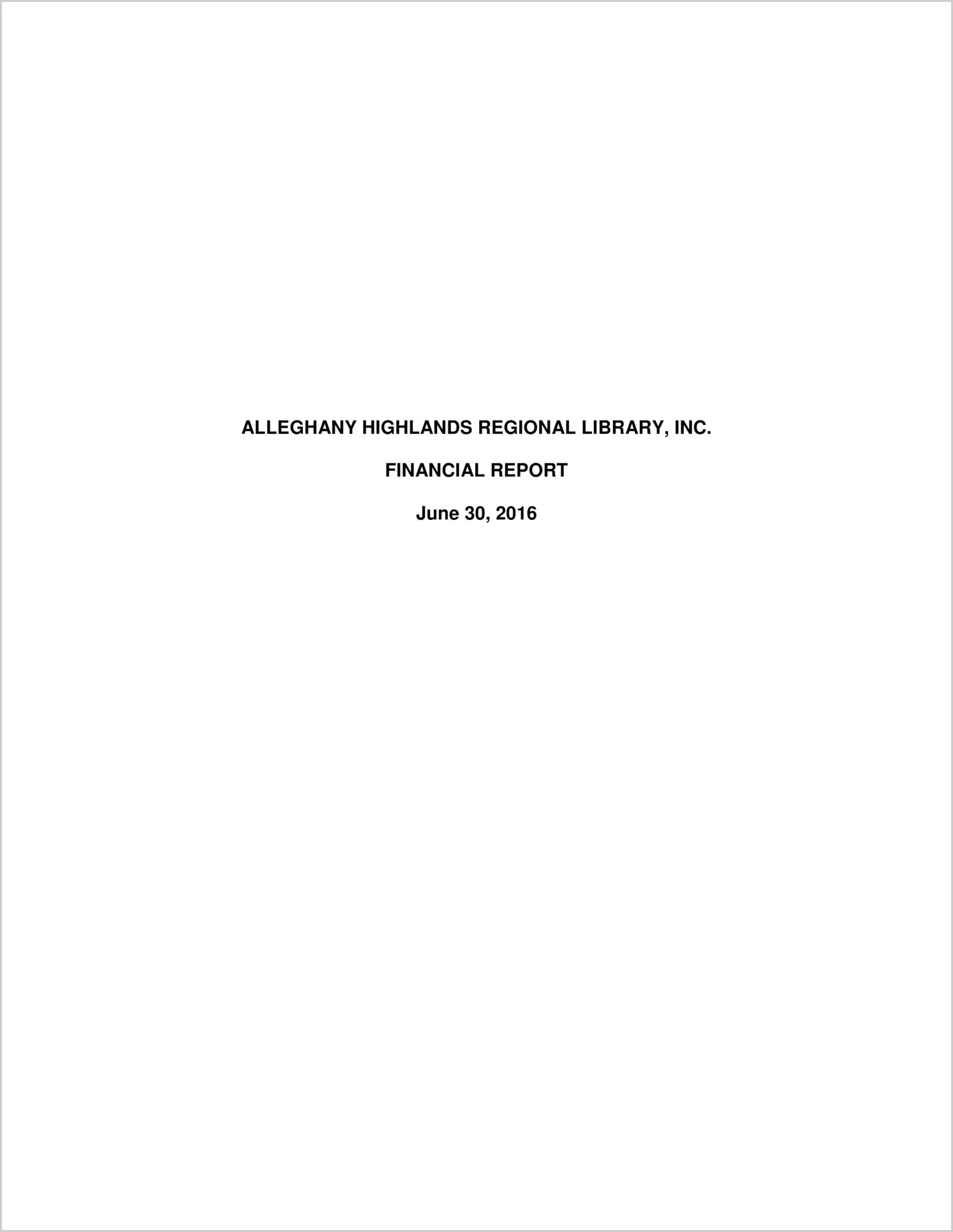 2016 ABC/Other Annual Financial Report  for Alleghany Highlands Regional Library