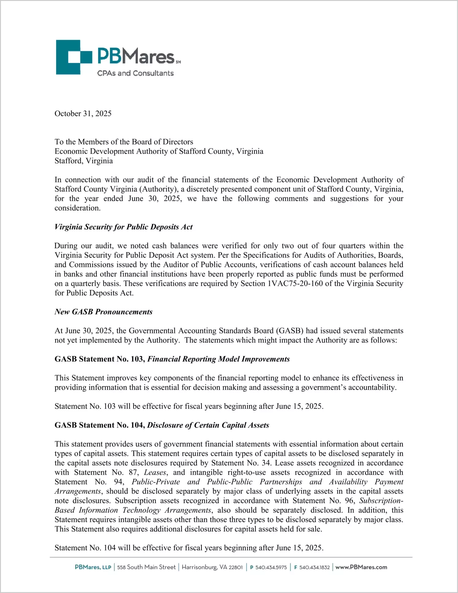 preview of 2025 ABC/Other Management Letter for Stafford County Economic Development Authority