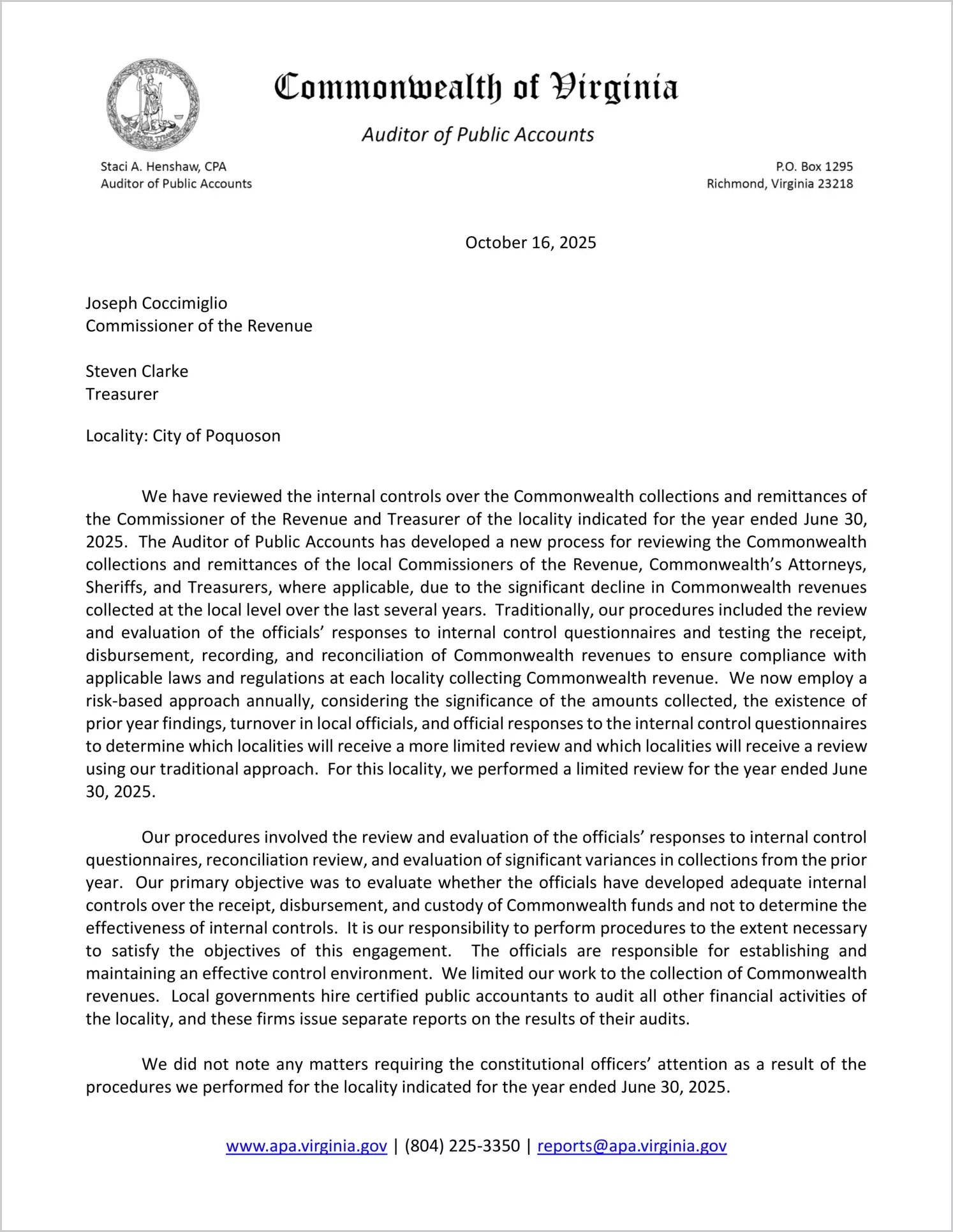 Commonwealth Collections and Remittances of the Commissioner of the Revenue and Treasurer for the City of Poquoson for the year ended June 30, 2025