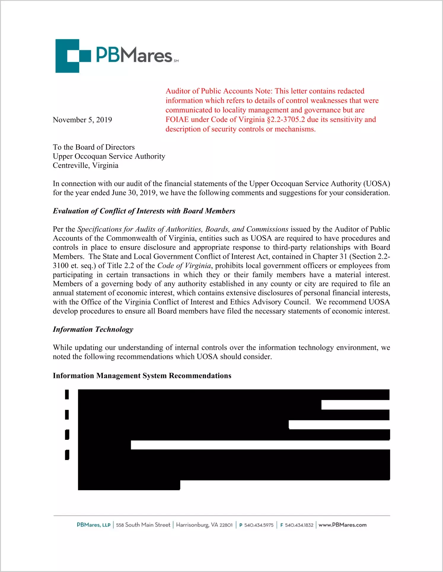 2019 ABC/Other Management Letter for Upper Occoquan Service Authority