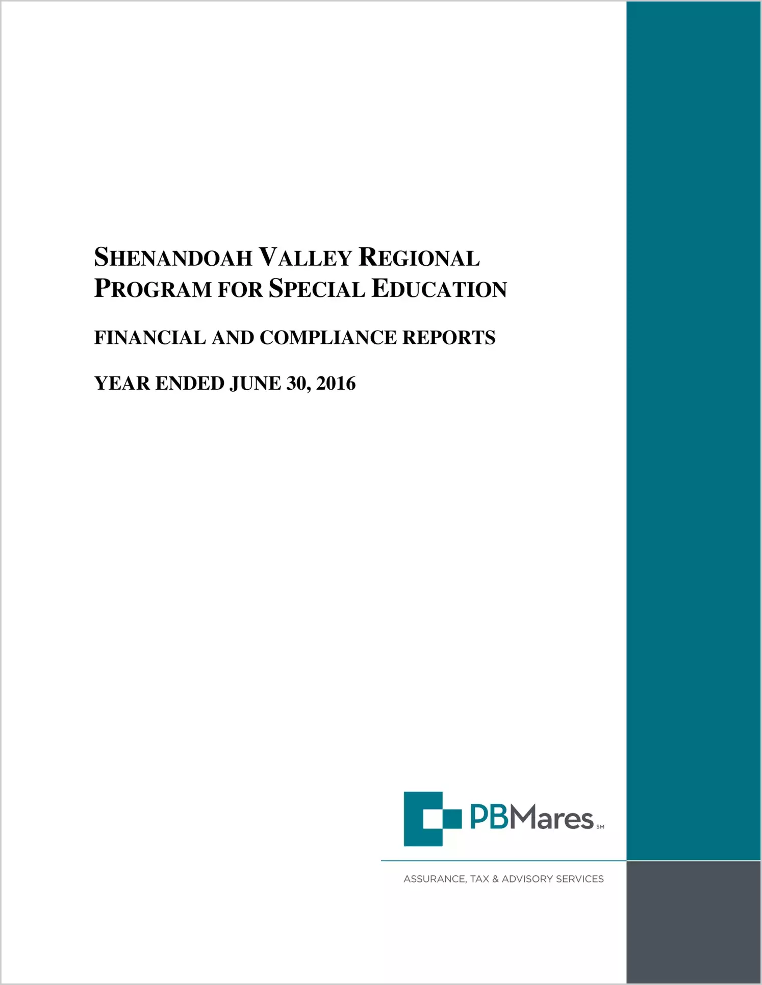 2016 ABC/Other Annual Financial Report  for Shenandoah Valley Regional Program Special Education