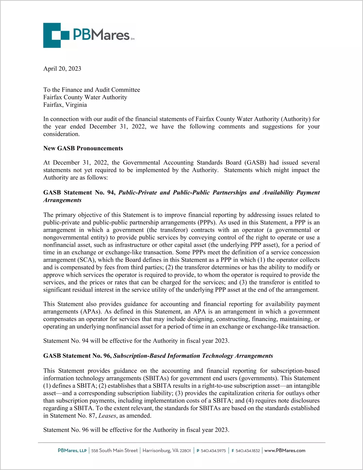 2022 ABC/Other Management Letter for Fairfax County Water Authority