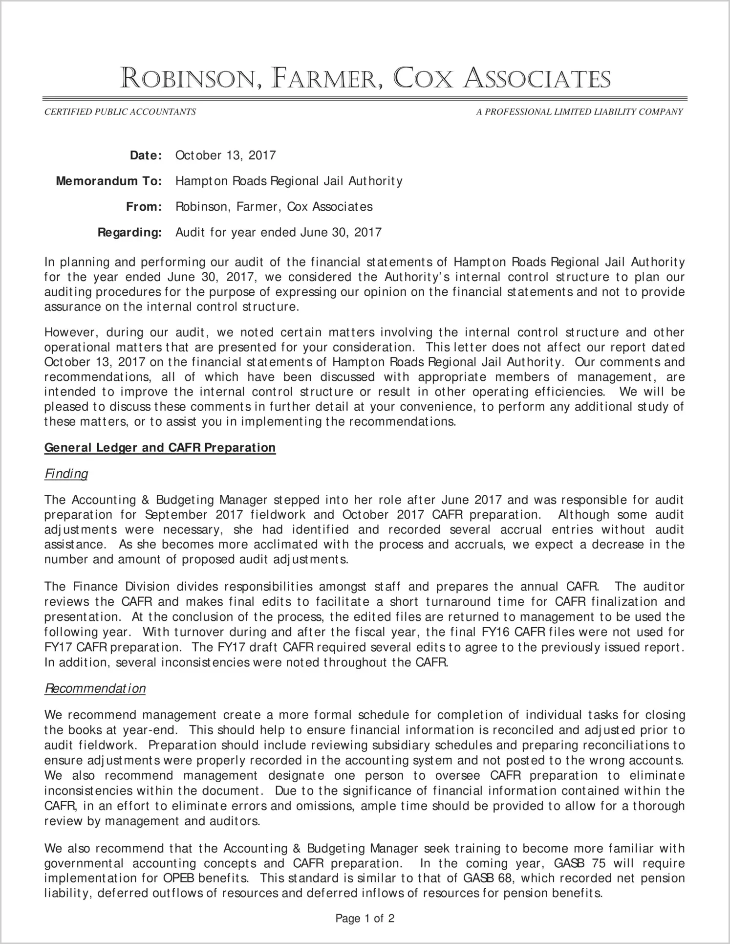 2017 ABC/Other Management Letter for Hampton Roads Regional Jail Authority