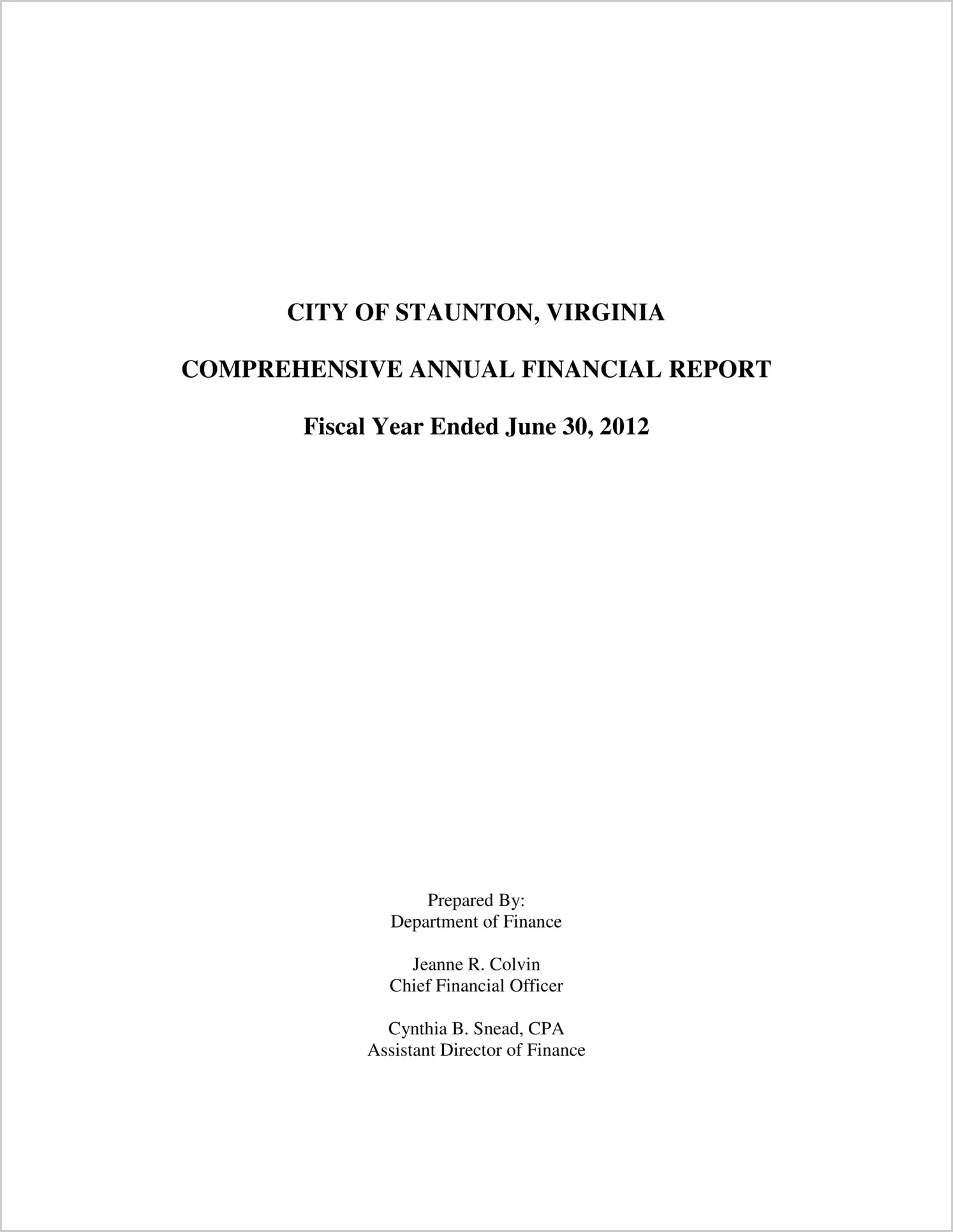 2012 Annual Financial Report for City of Staunton