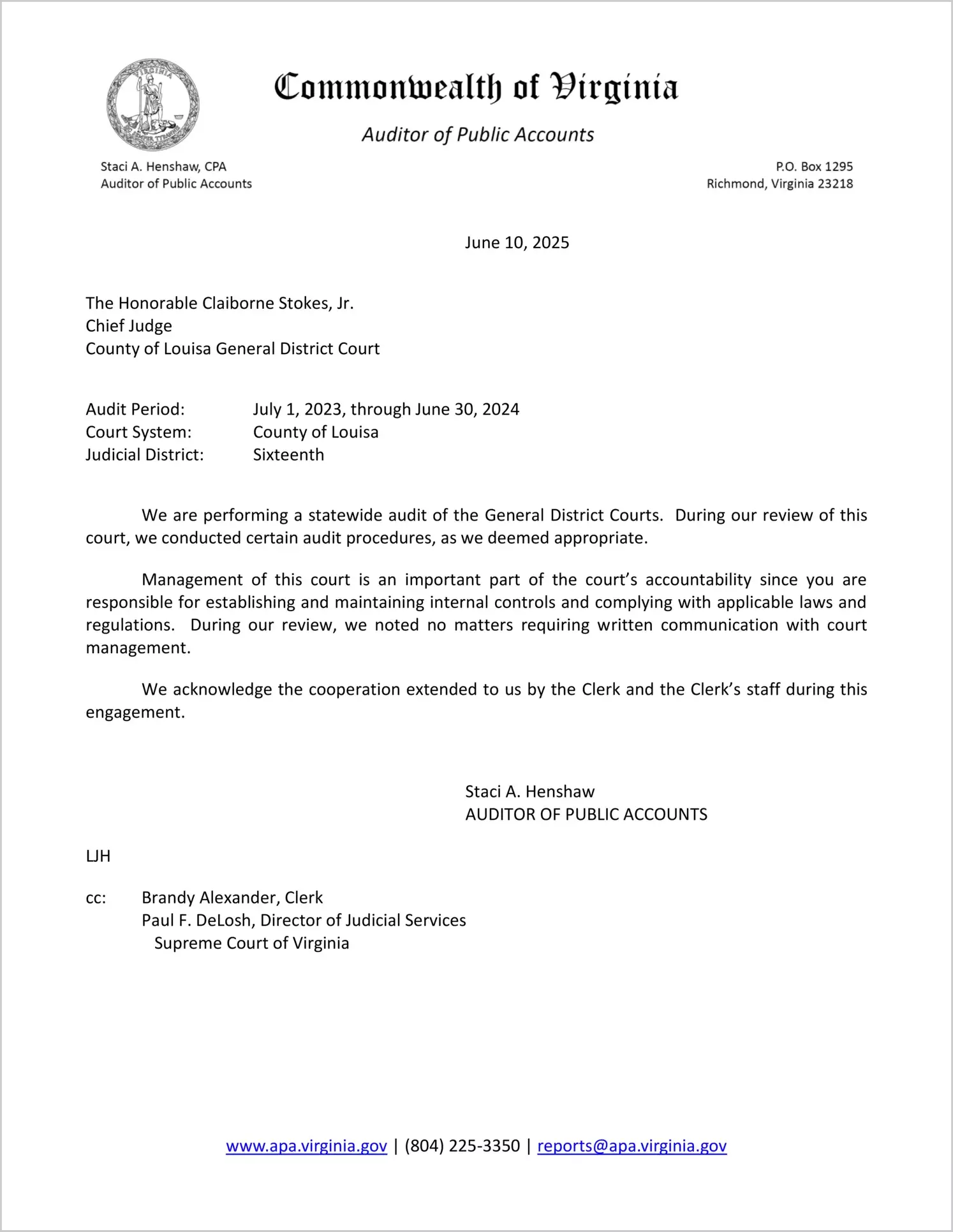 General District Court for the County of Louisa for the period July 1, 2023 through June 30, 2024