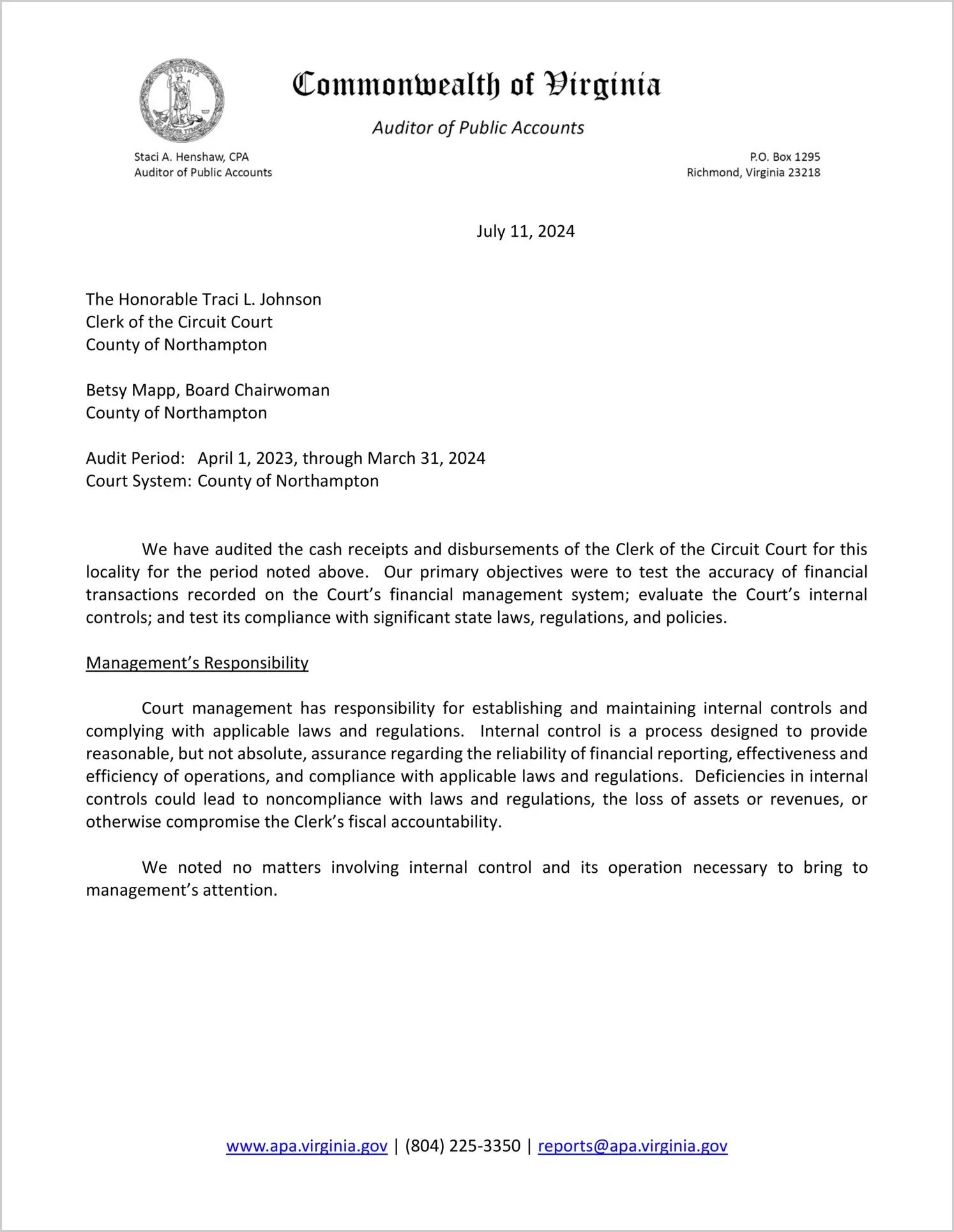 Clerk of the Circuit Court for the County of Northampton for the period April 1, 2024 through March 31, 2025