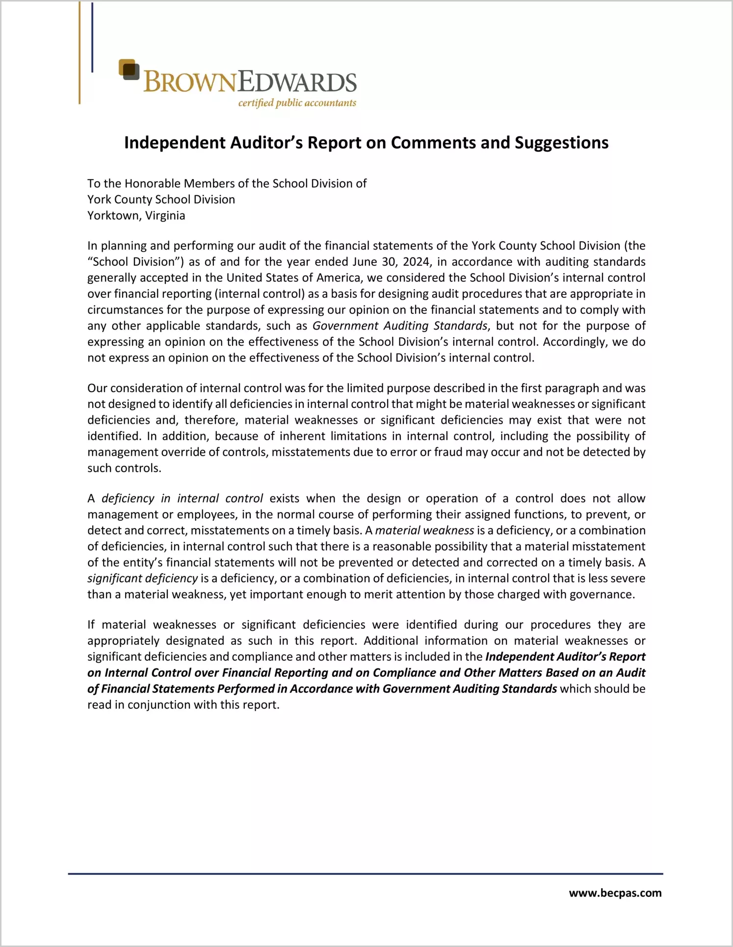 preview of 2024 Public Schools Management Letter for County of York