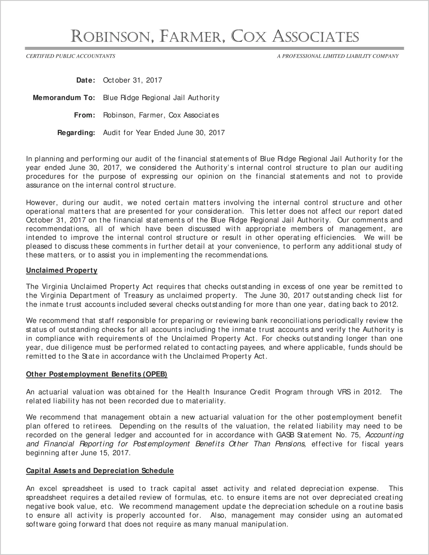 2017 ABC/Other Management Letter for Blue Ridge Regional Jail Authority