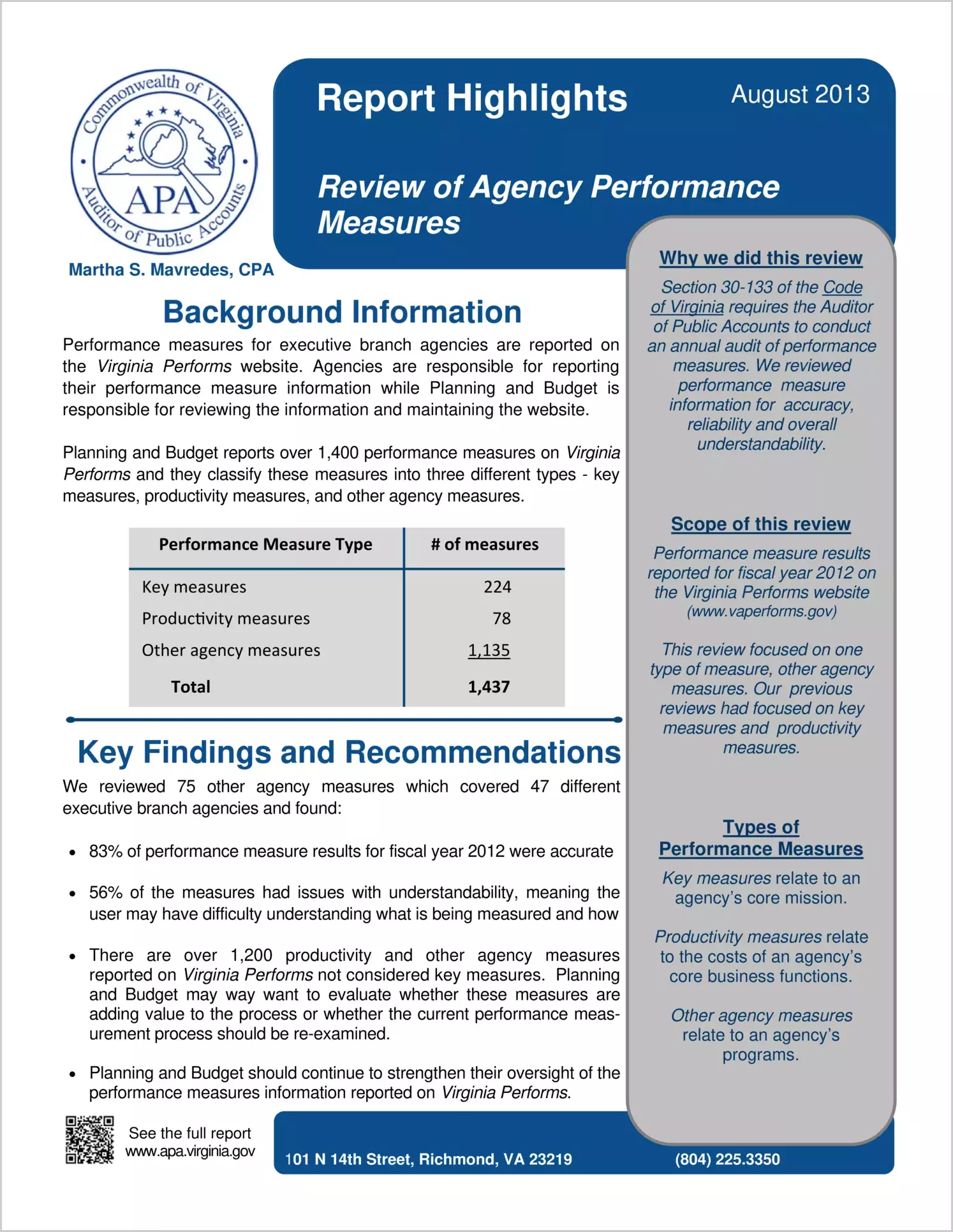 Review of Agency Performance Measures Report for the Year Ended June 30, 2012 - Executive Summary