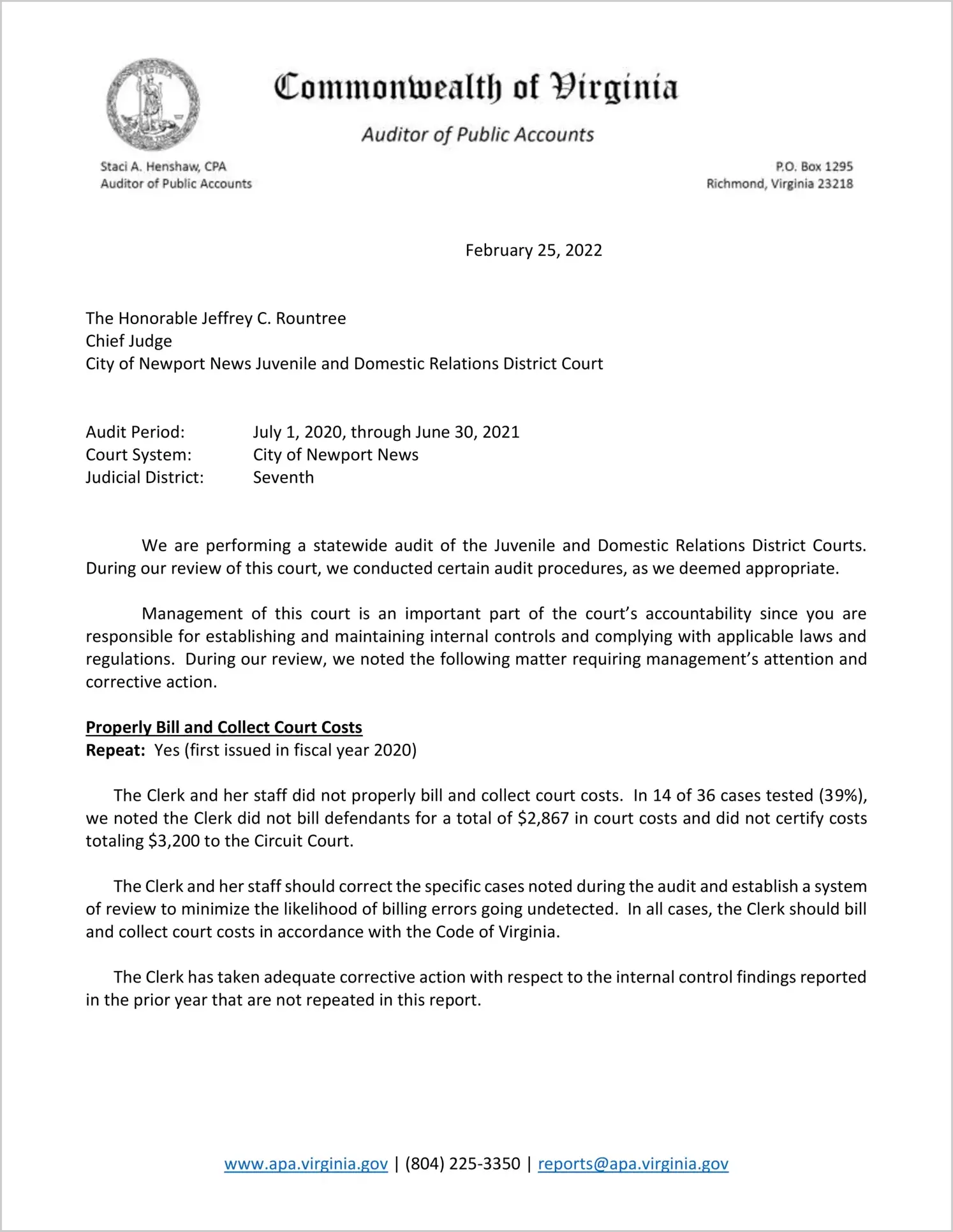Juvenile and Domestic Relations District Court for the City of Newport News for the period July 1, 2020 through June 30, 2021