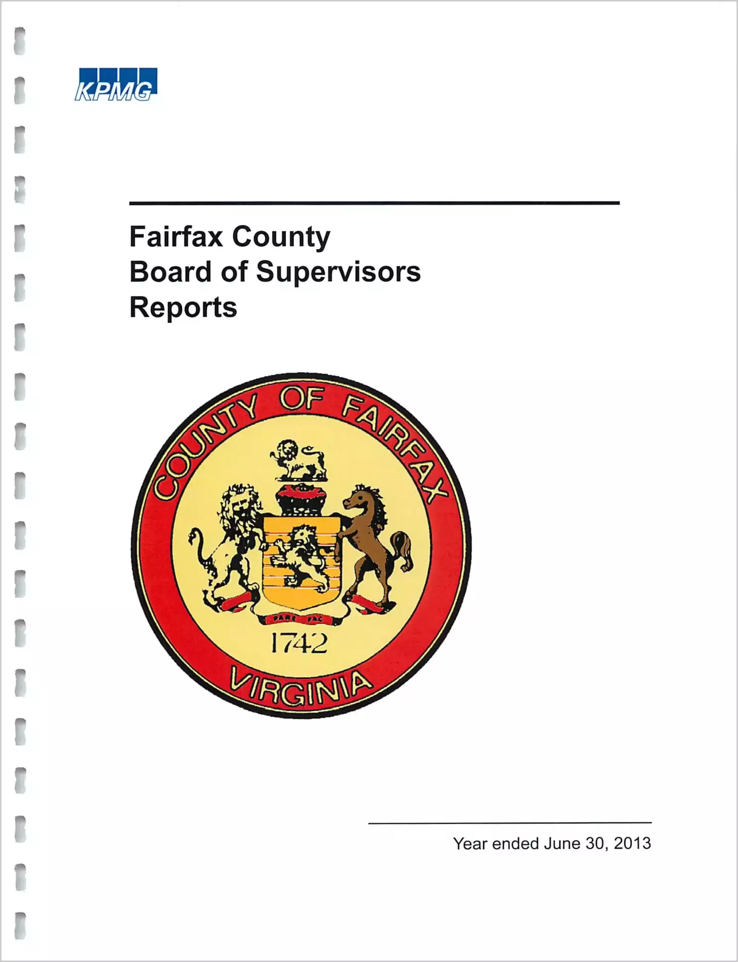 2013 Internal Control and Compliance Report for County of Fairfax