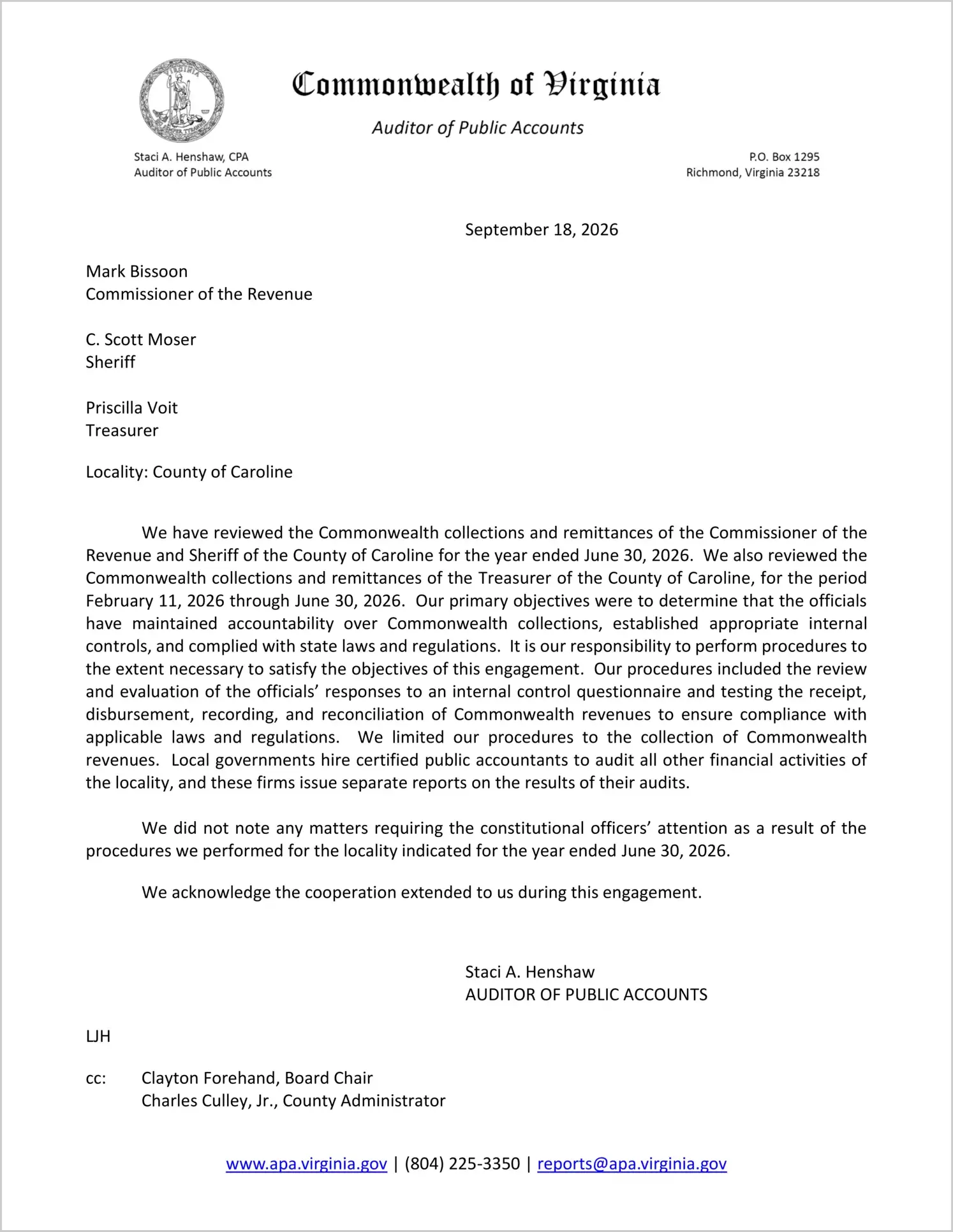 preview of Commonwealth Collections and Remittances of the Commissioner of the Revenue and Sheriff for the County of Caroline for the year ended June 30, 2026, and the Treasurer for the period February 11, 2026 through June 30, 2026