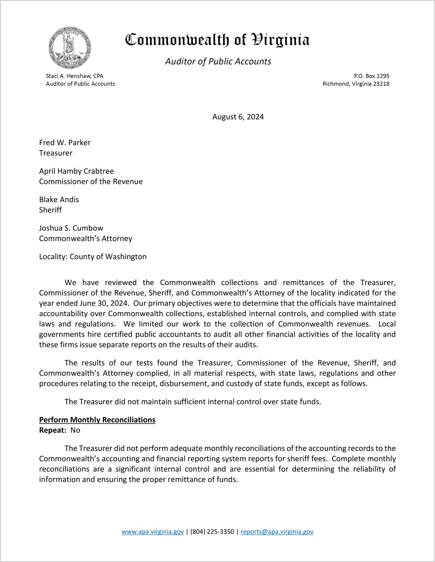 Commonwealth Collections and Remittances of the Treasurer, Commissioner of the Revenue, Sheriff, and Commonwealth's Attorney of the County of Washington for the year ended June 30, 2024