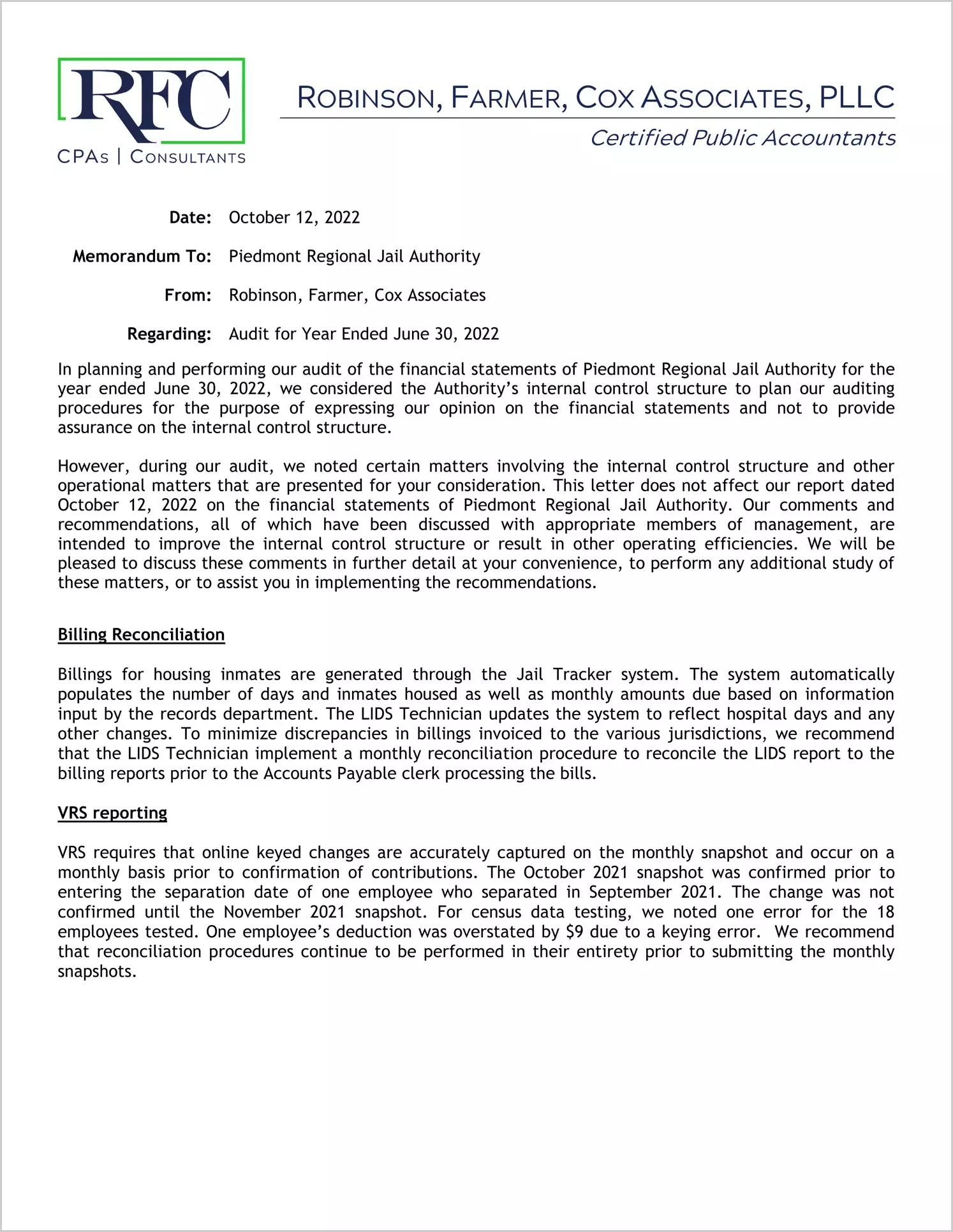 preview of 2022 ABC/Other Management Letter for Piedmont Regional Jail