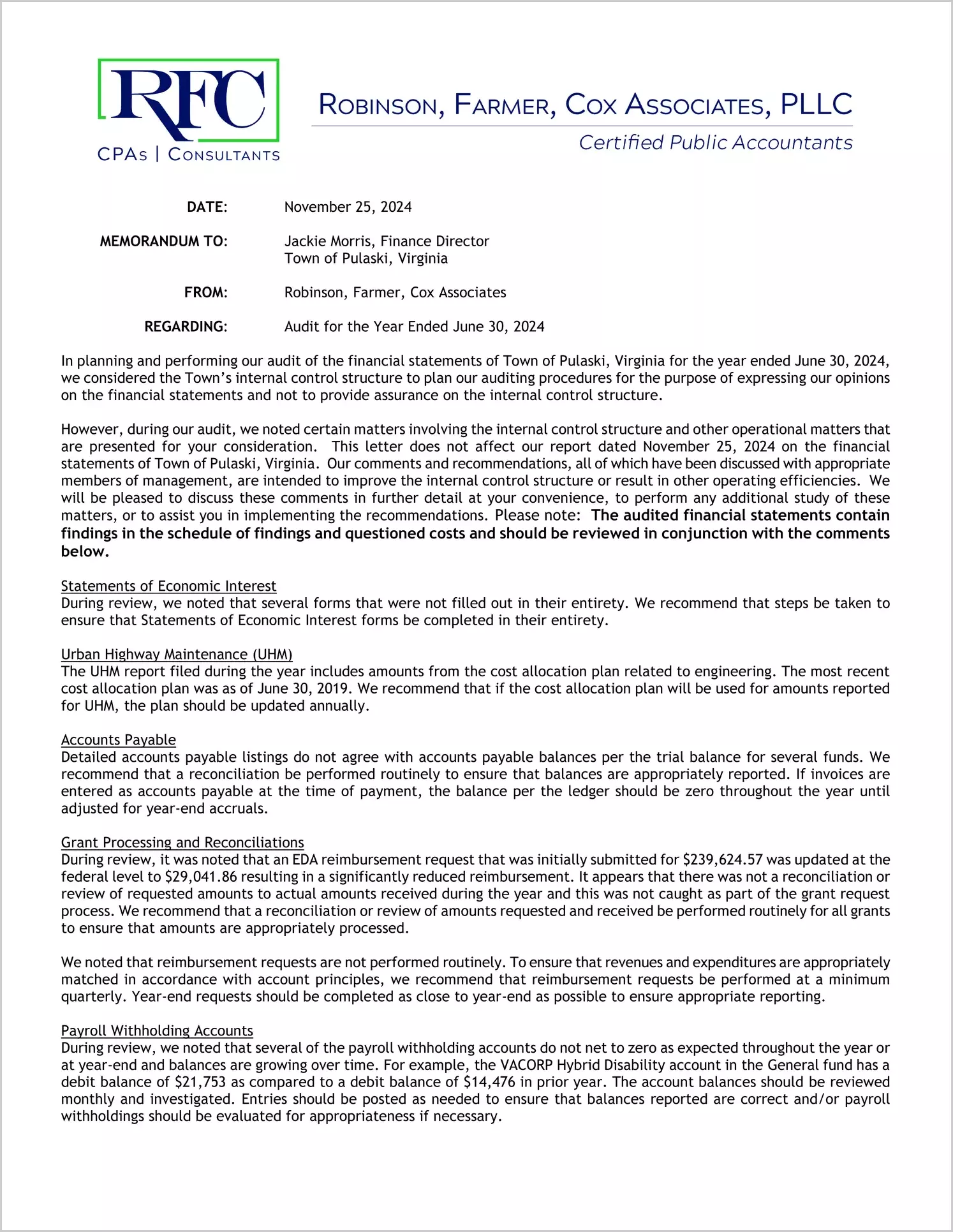 preview of 2024 Management Letter for Town of Pulaski