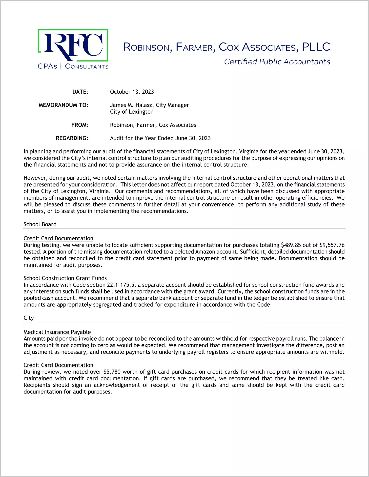 preview of 2023 Management Letter for City of Lexington