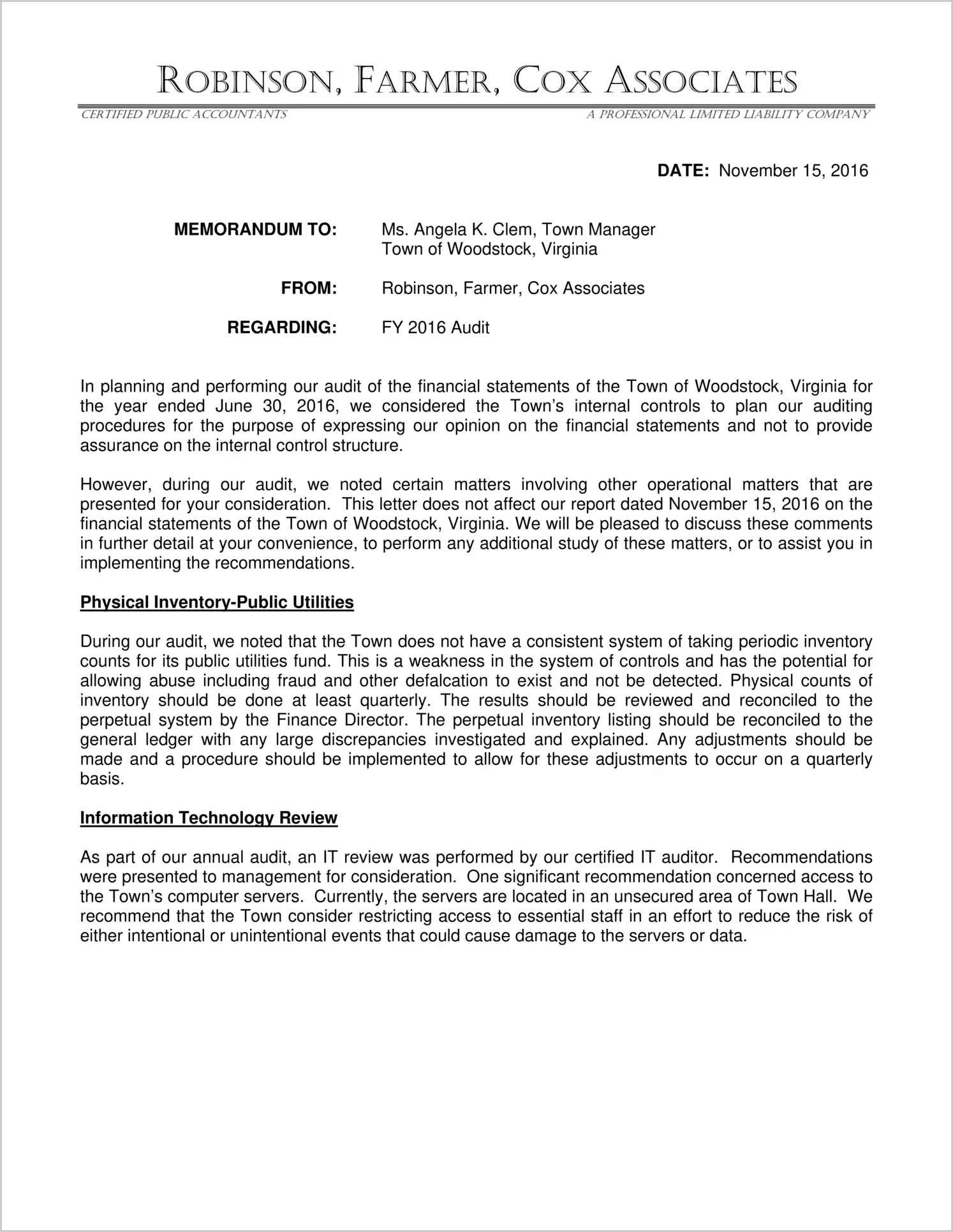 preview of 2016 Management Letter for Town of Woodstock