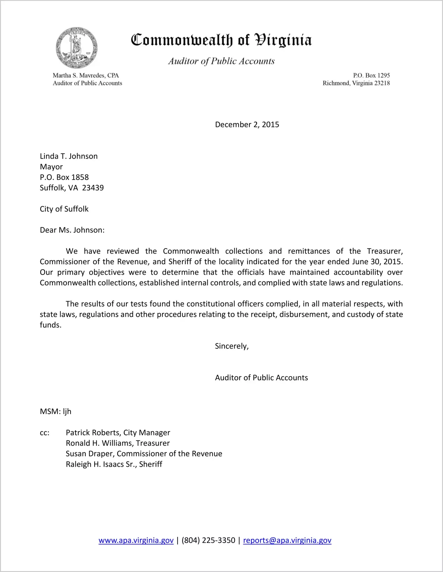 Commonwealth collections and remittances of the Treasurer, Commissioner of the Revenue, and Sheriff of the City of Suffolk for the year ended June 30, 2015