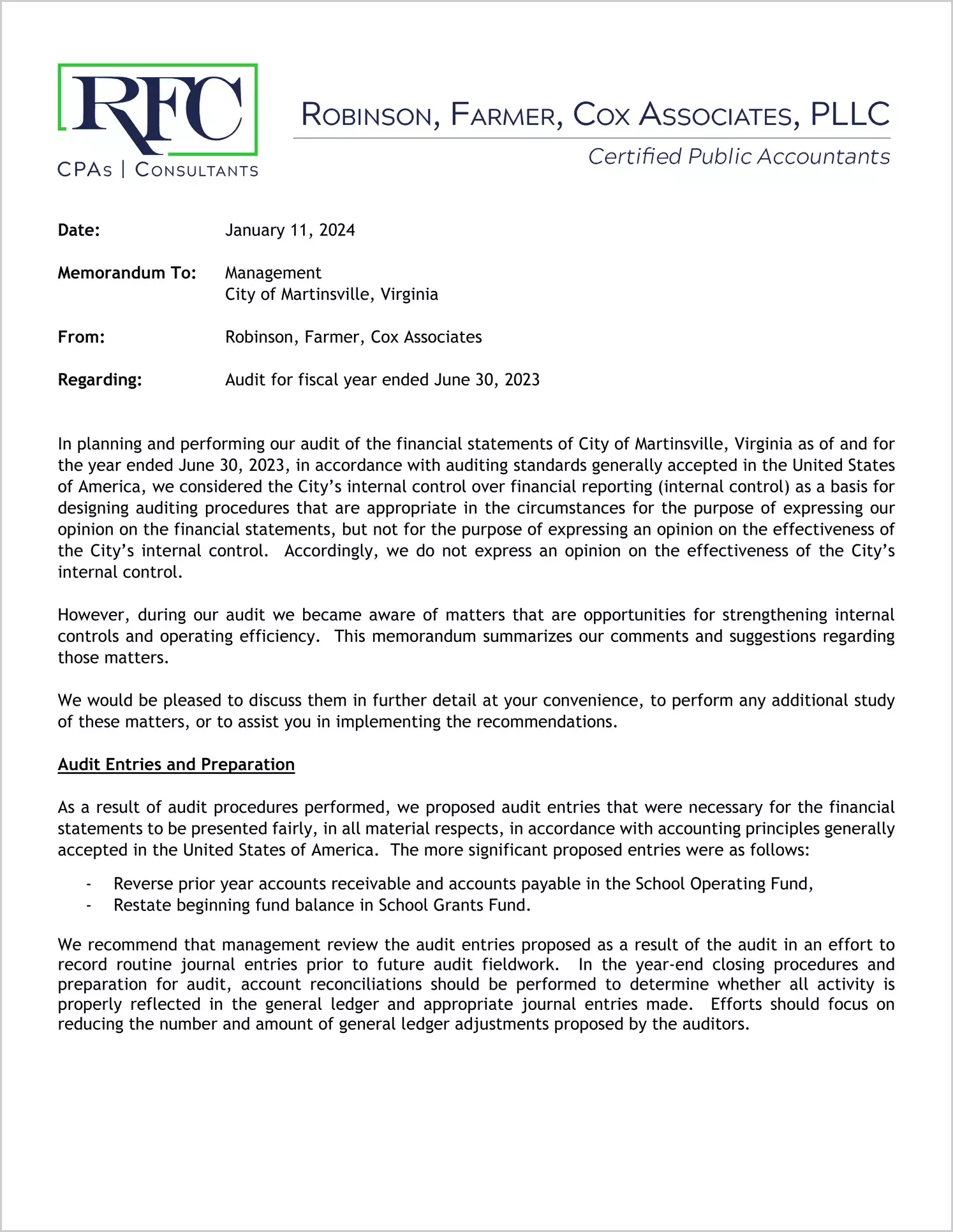 preview of 2023 Management Letter for City of Martinsville