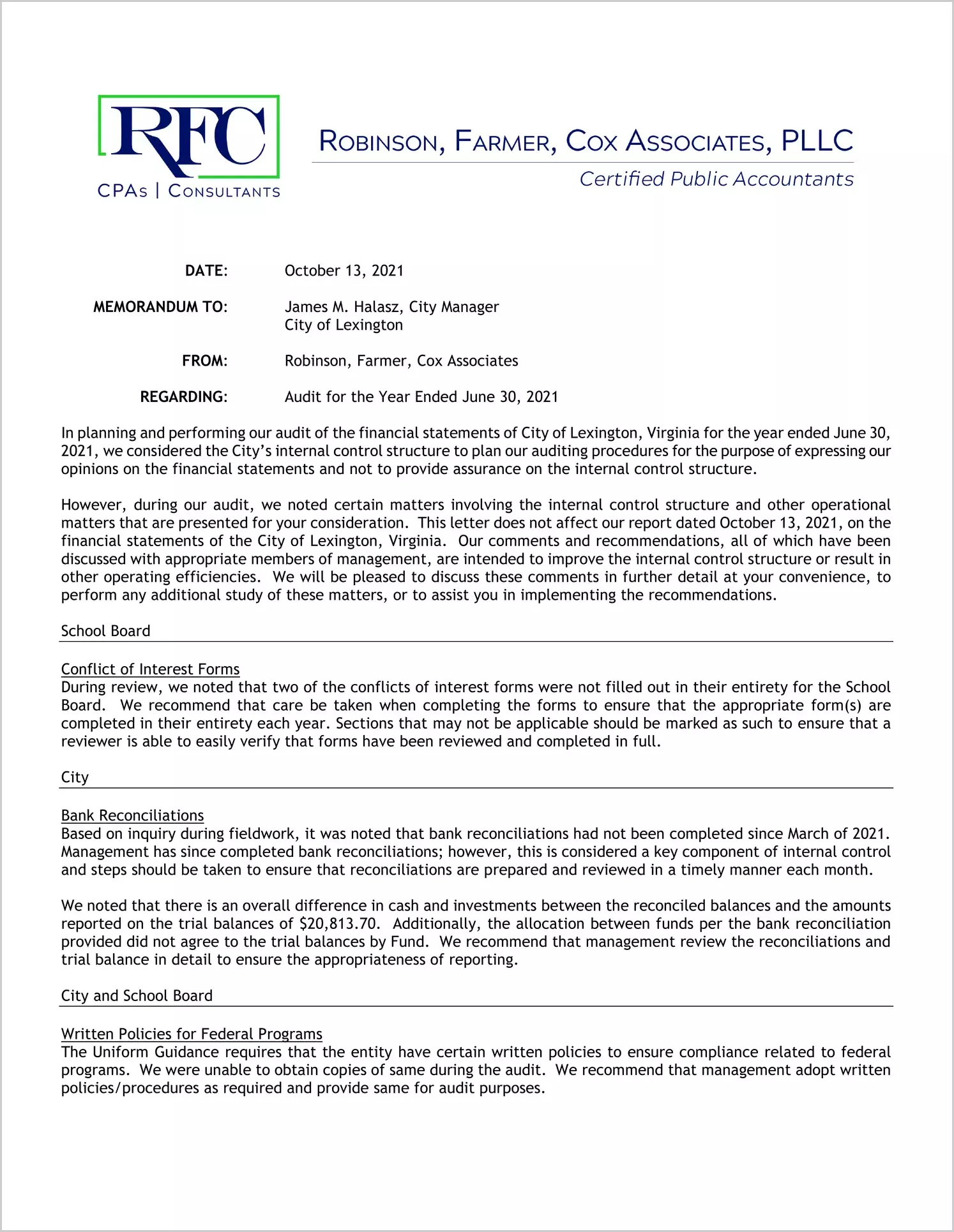 preview of 2021 Management Letter for City of Lexington