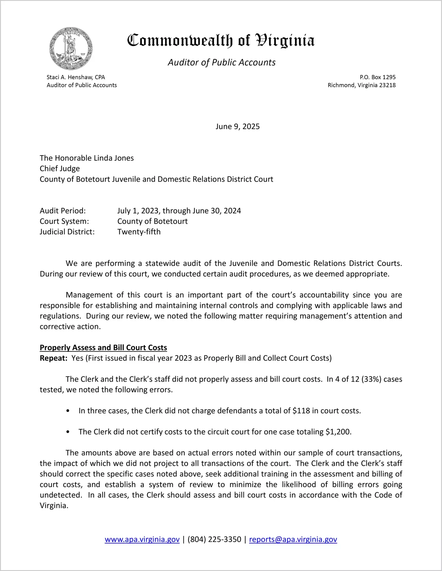 Juvenile and Domestic Relations District Court for the County of Botetourt for the period July 1, 2023 through June 30, 2024