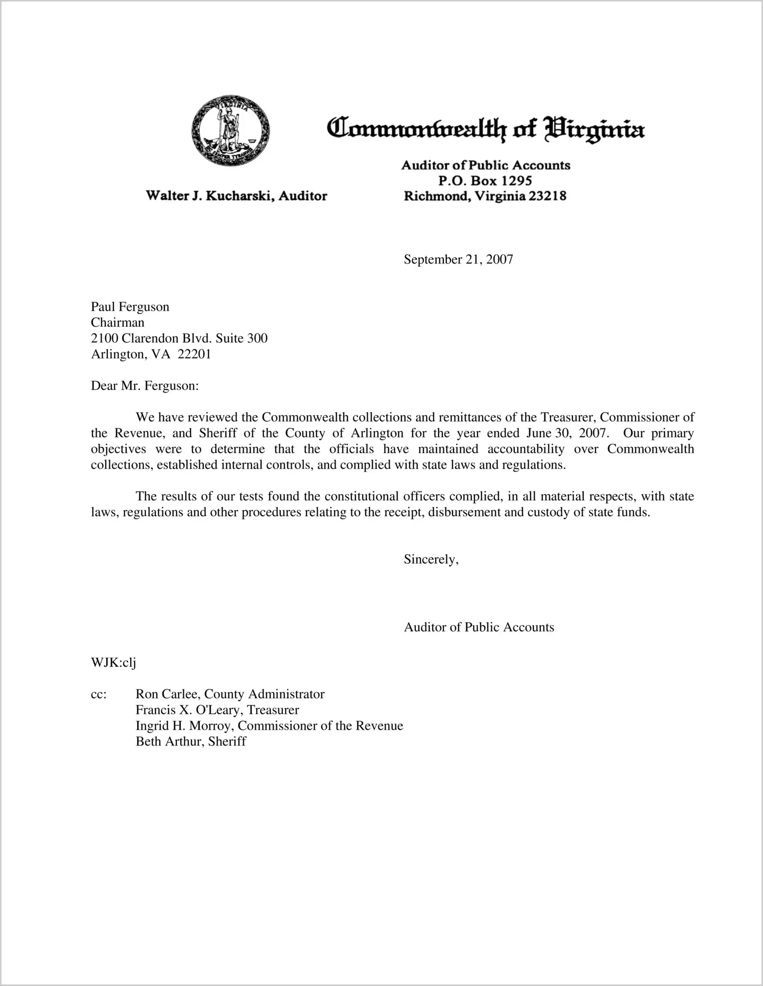 Commonwealth collections and remittances of the Treasurer, Commissioner of the Revenue, and Sheriff of the County of Arlington for the year ended June 30, 2007