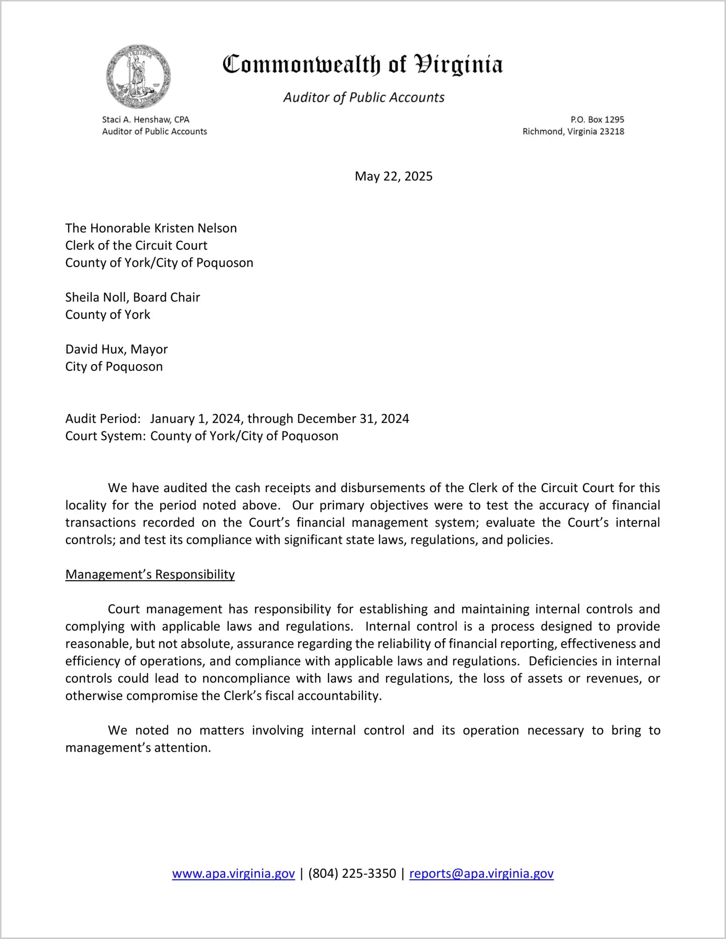 Clerk of the Circuit Court for the County of York and the City of Poquoson for the period January 1, 2024 through December 31, 2024