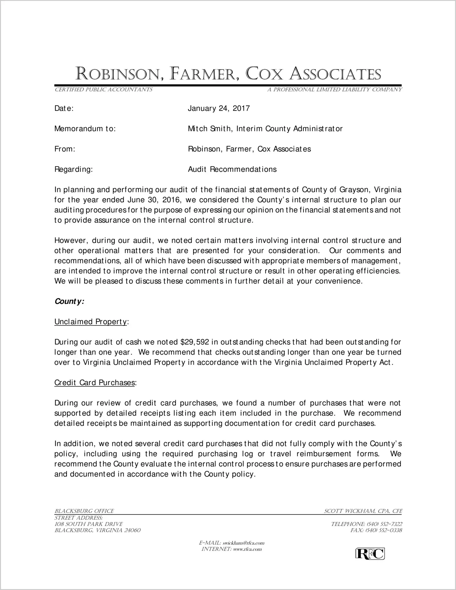 2016 Management Letter for County of Grayson