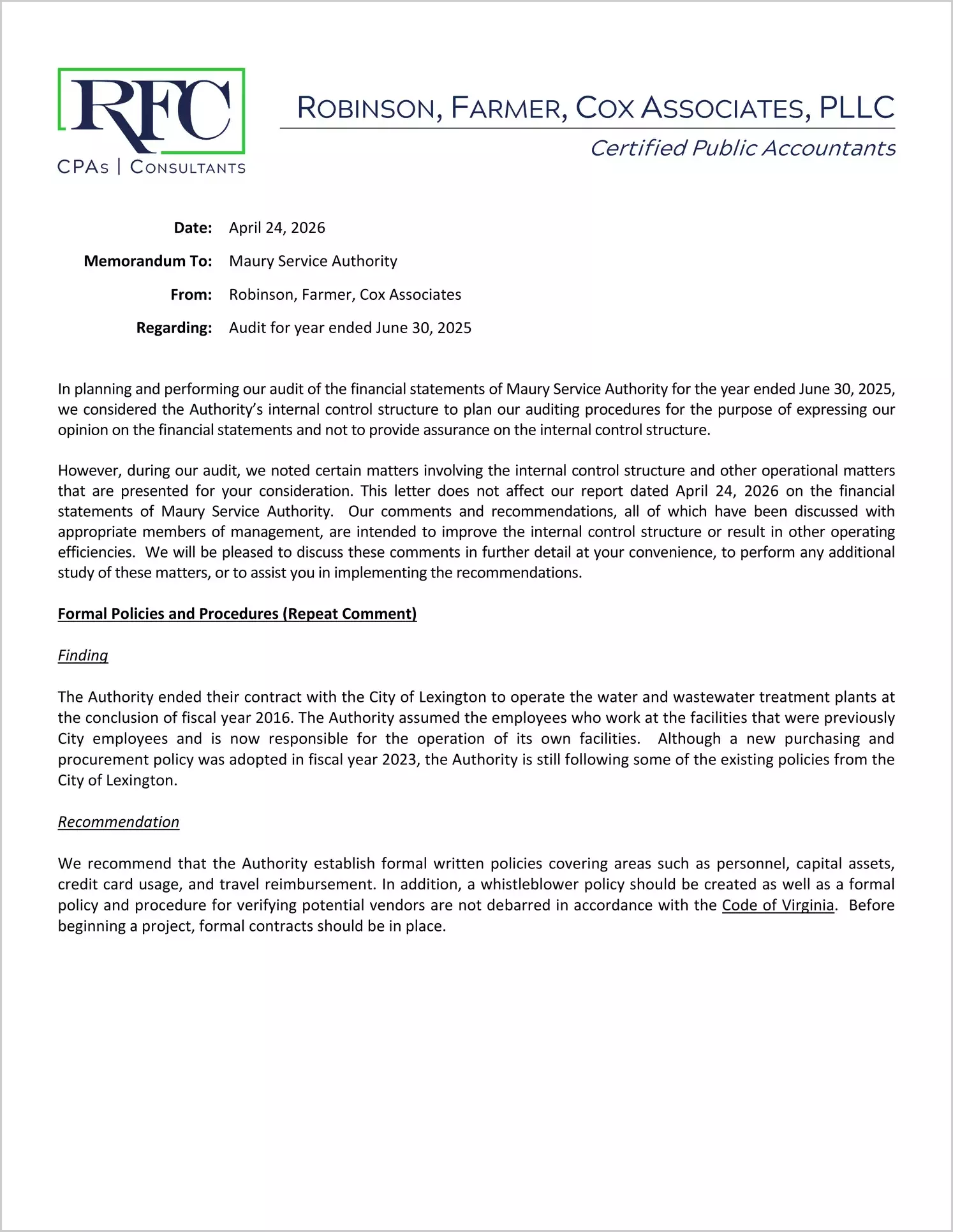 preview of 2025 ABC/Other Management Letter for Maury Service Authority