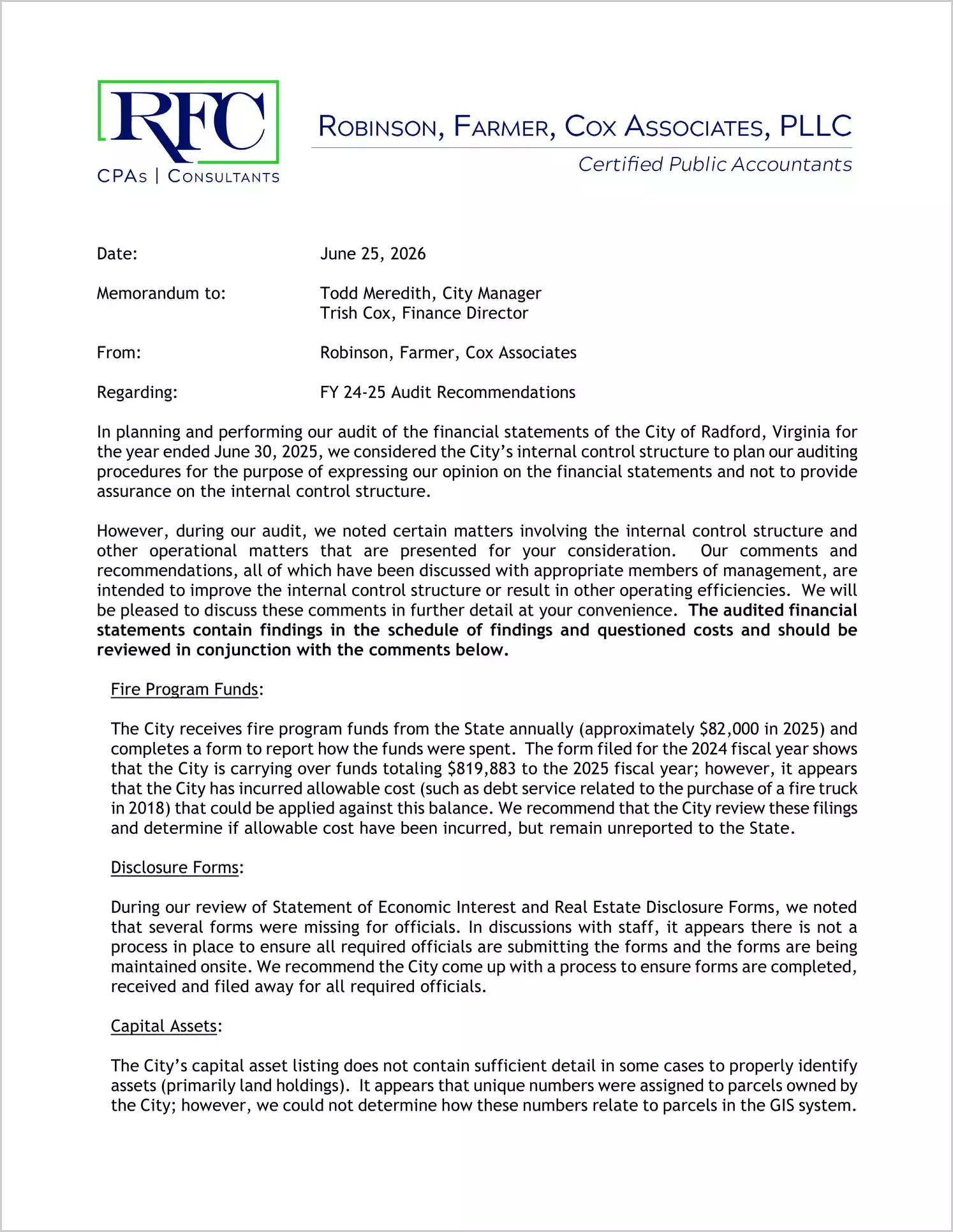 preview of 2025 Management Letter for City of Radford