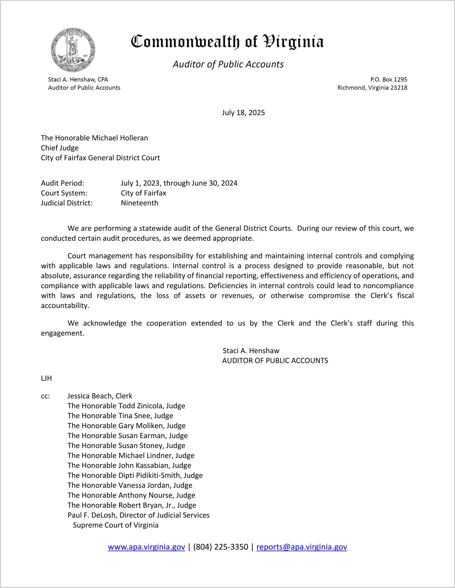 General District Court for the City of Fairfax for the period July 1, 2023 through June 30, 2024