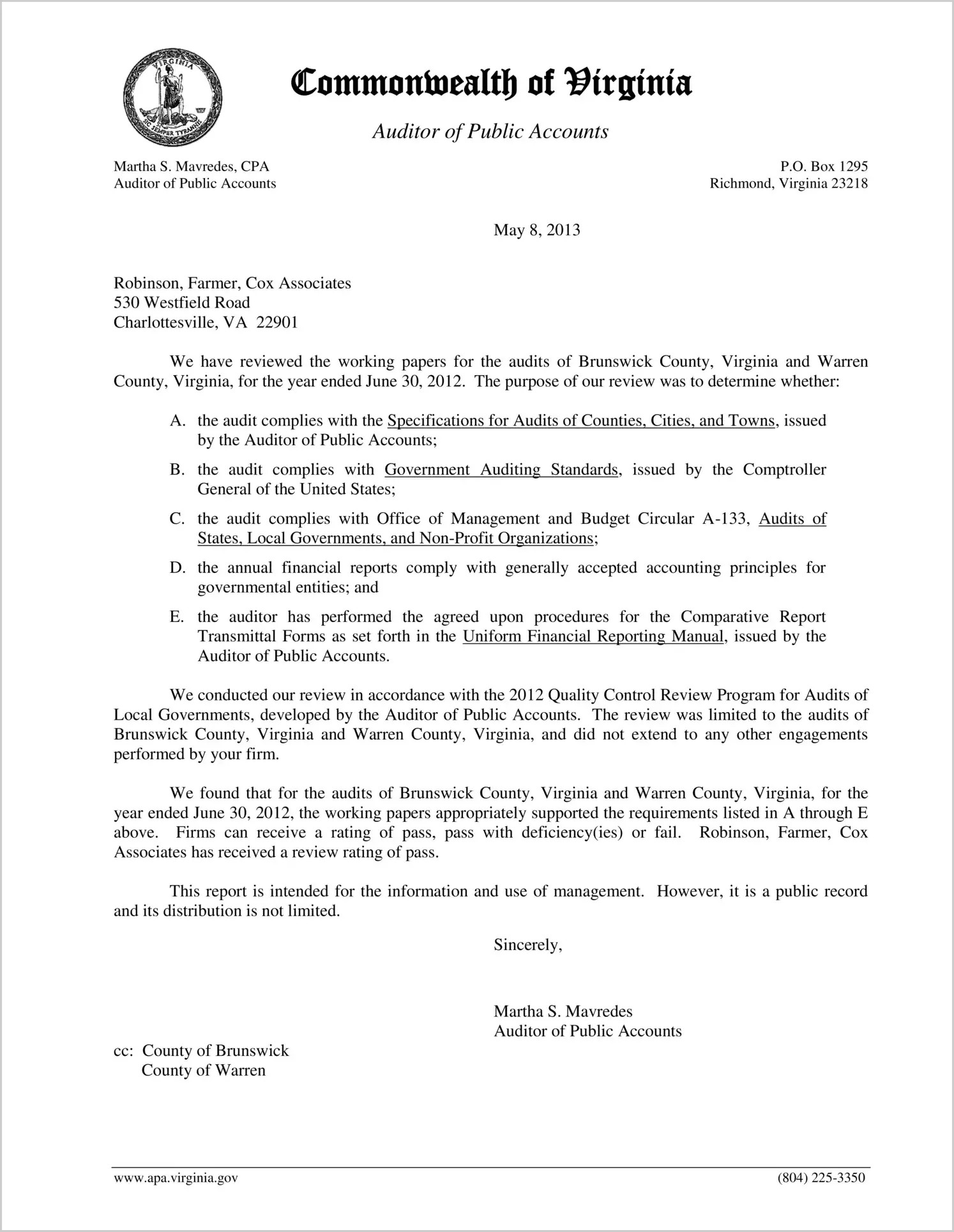 2012 Quality Control Review for Counties of Brunswick and Warren