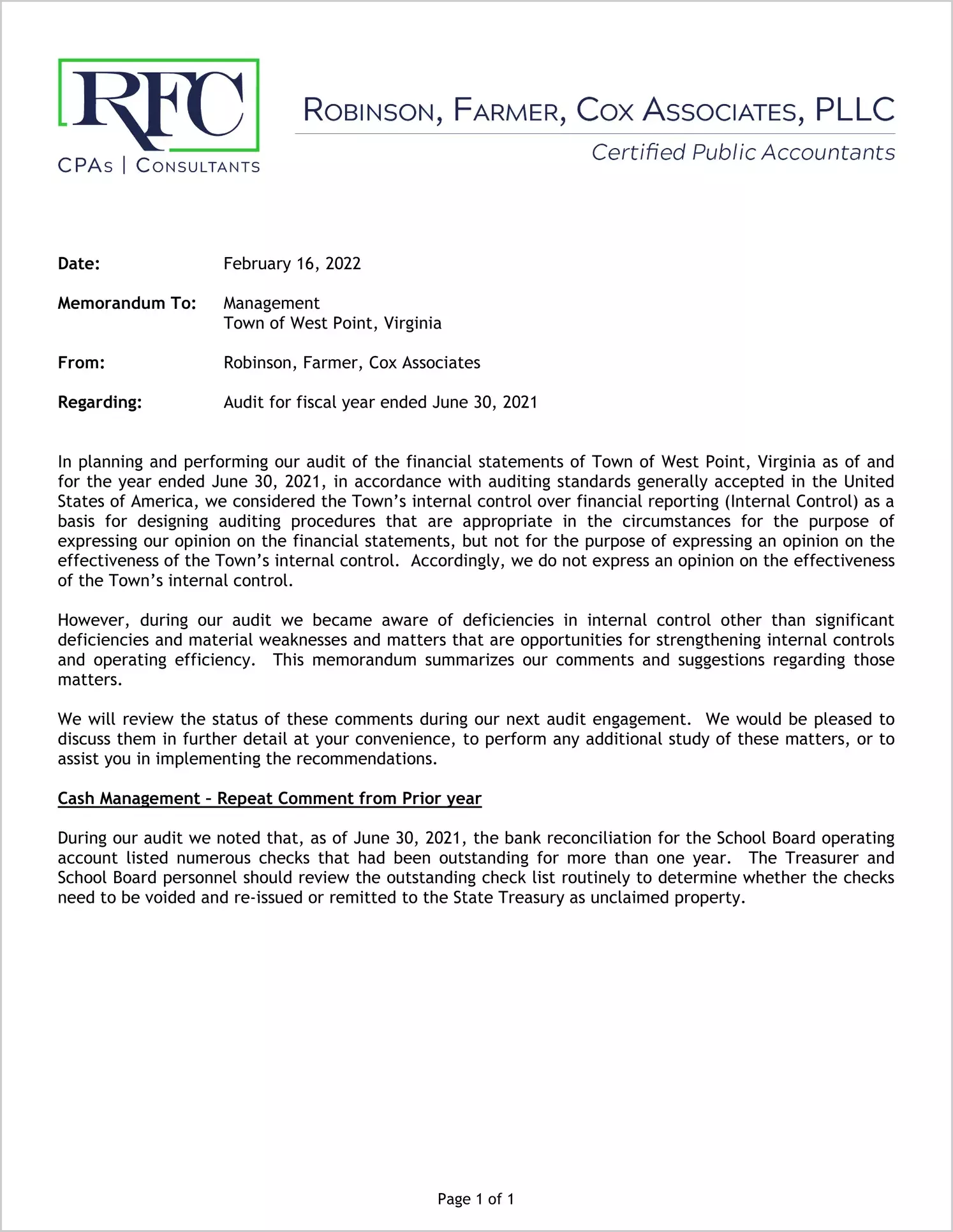 preview of 2021 Management Letter for Town of West Point
