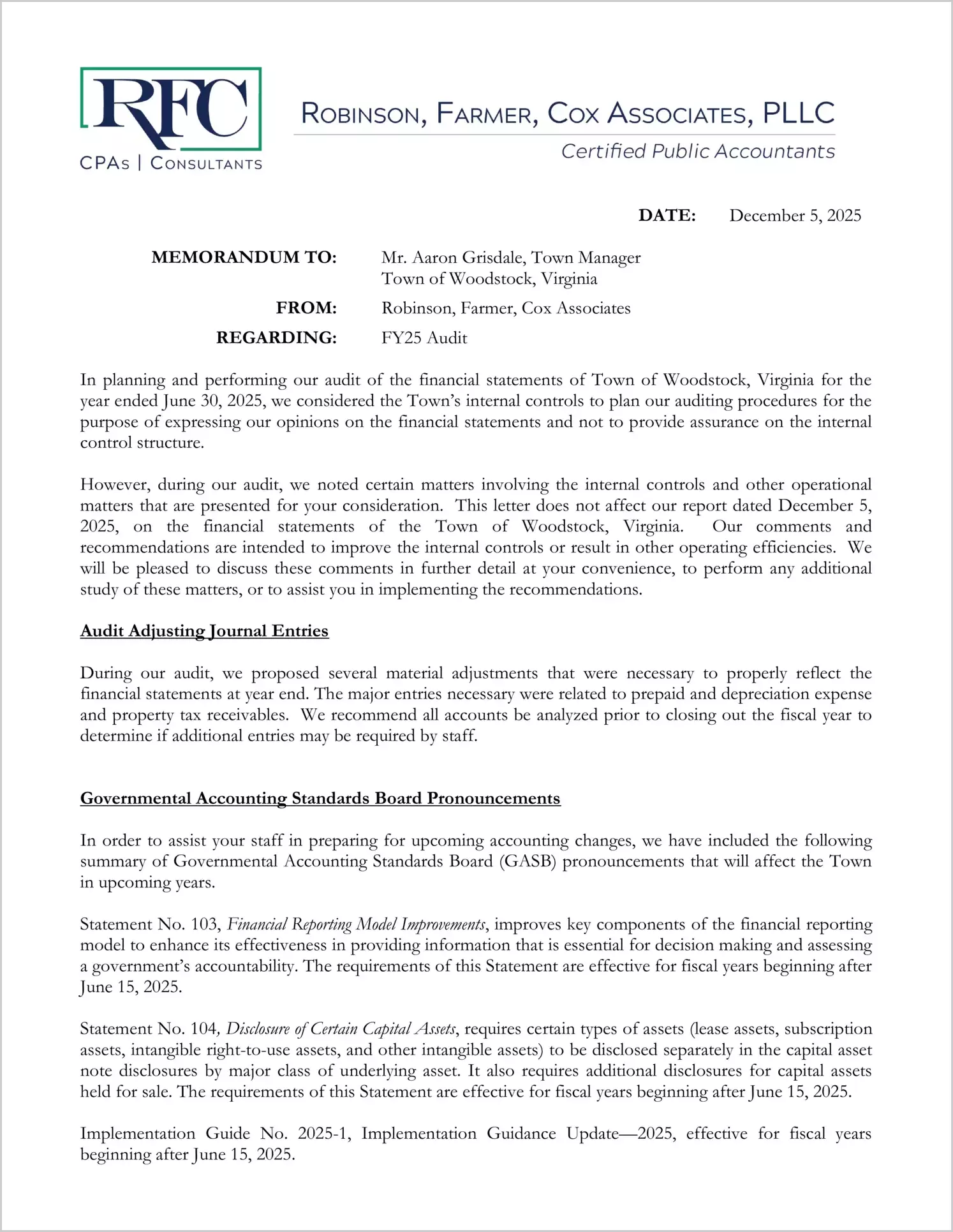 preview of 2025 Management Letter for Town of Woodstock