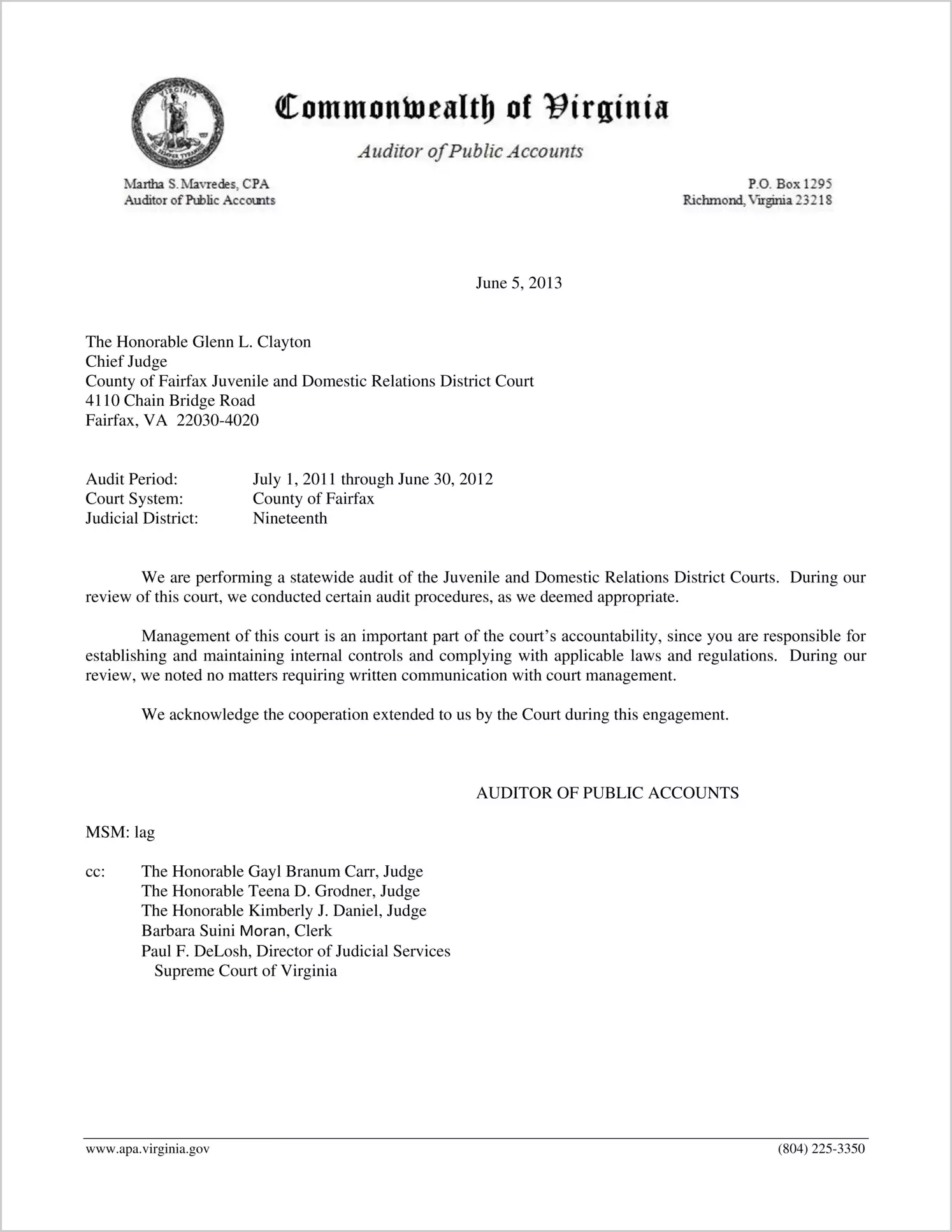 The Clerk of the Juvenile and Domestic Relations Court for the County of Fairfax for the period July 1, 2011 through June 30, 2012