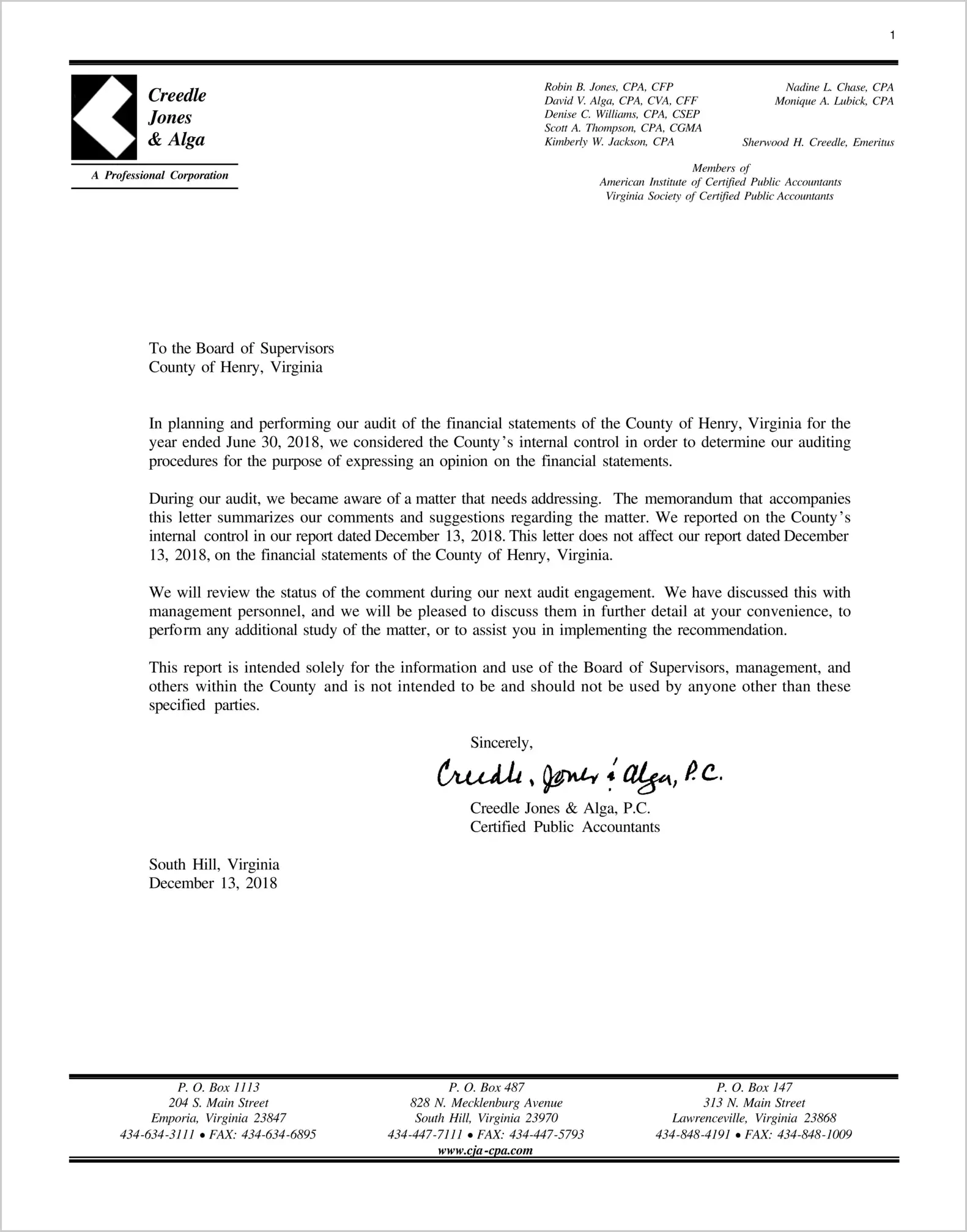2018 Management Letter for County of Henry 